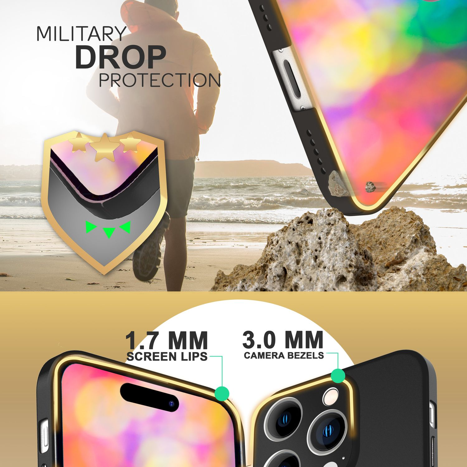 Funda para teléfono con borde dorado, protección contra caídas militares y biseles de cámara, en la playa.