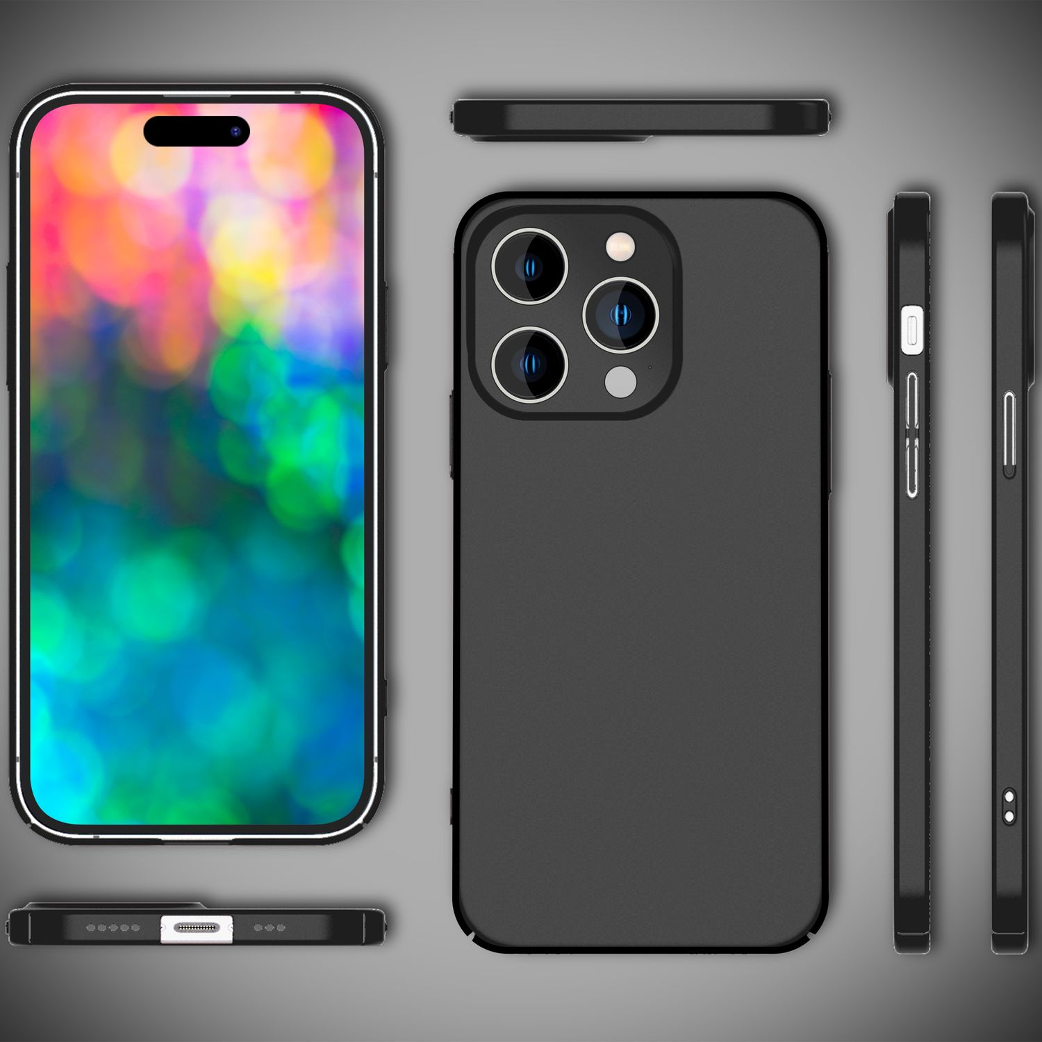 Funda negra para teléfono con recortes para cámara, pantalla visible del teléfono y fondo colorido.