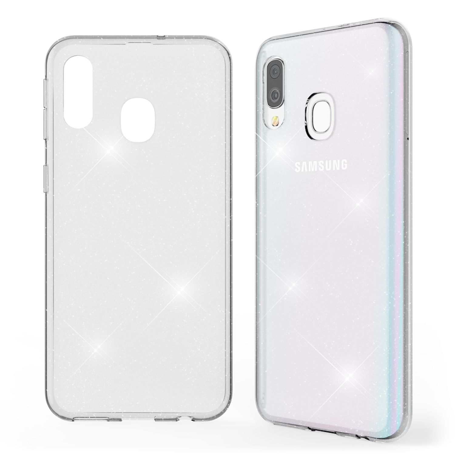 Transparente Handyhülle, Glitzereffekt, mit Telefonansichten auf weißem Hintergrund.