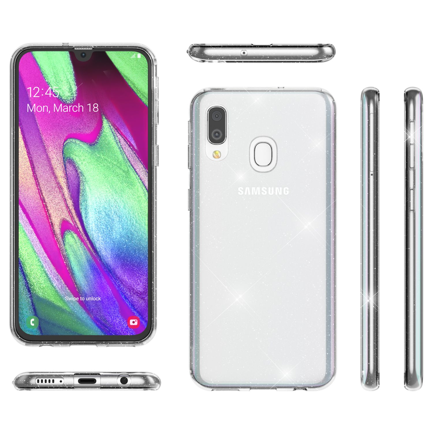 Transparente Glitzer-Handyhülle mit Telefon, mehrere Ansichten, auf weißem Hintergrund.