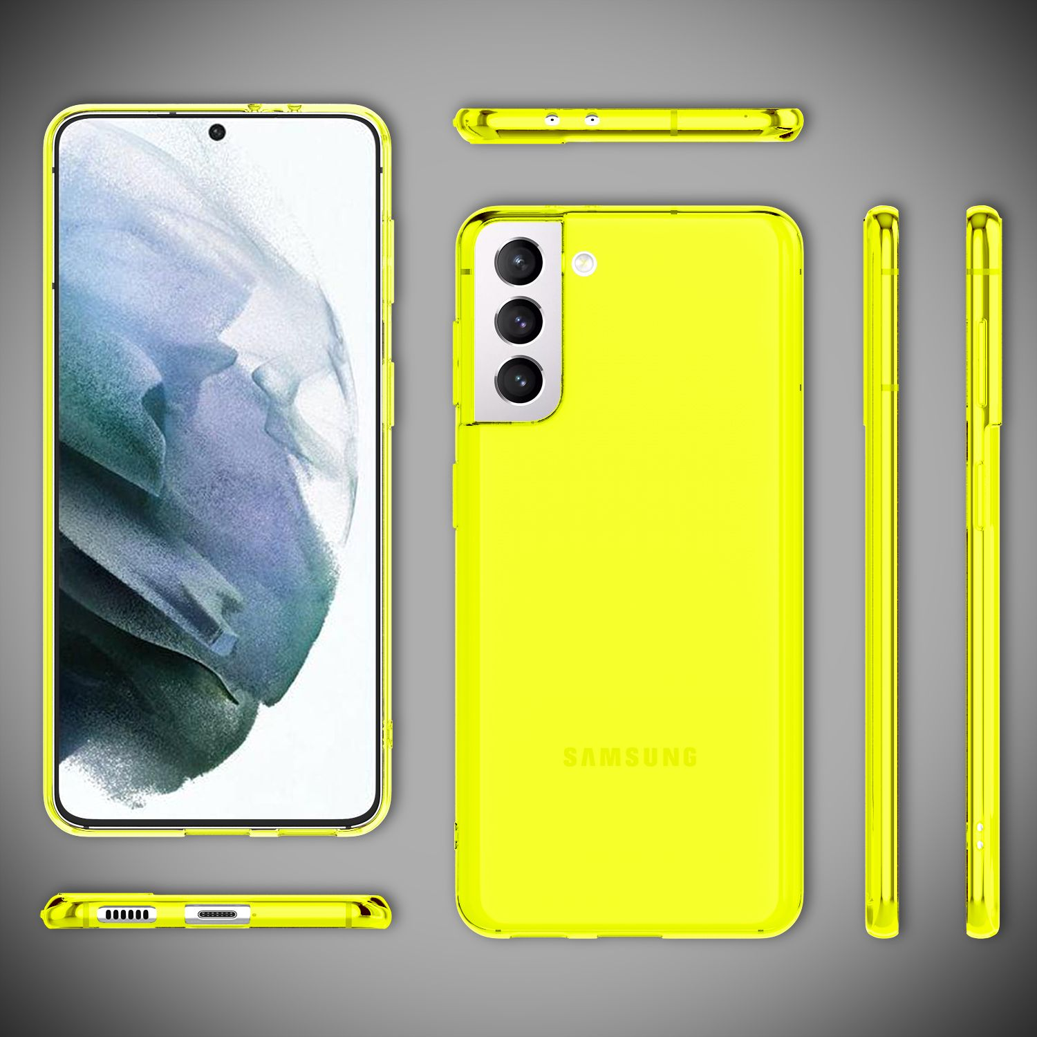 Custodia gialla per telefono con schermo e ritagli per fotocamera, su una superficie grigio chiaro.