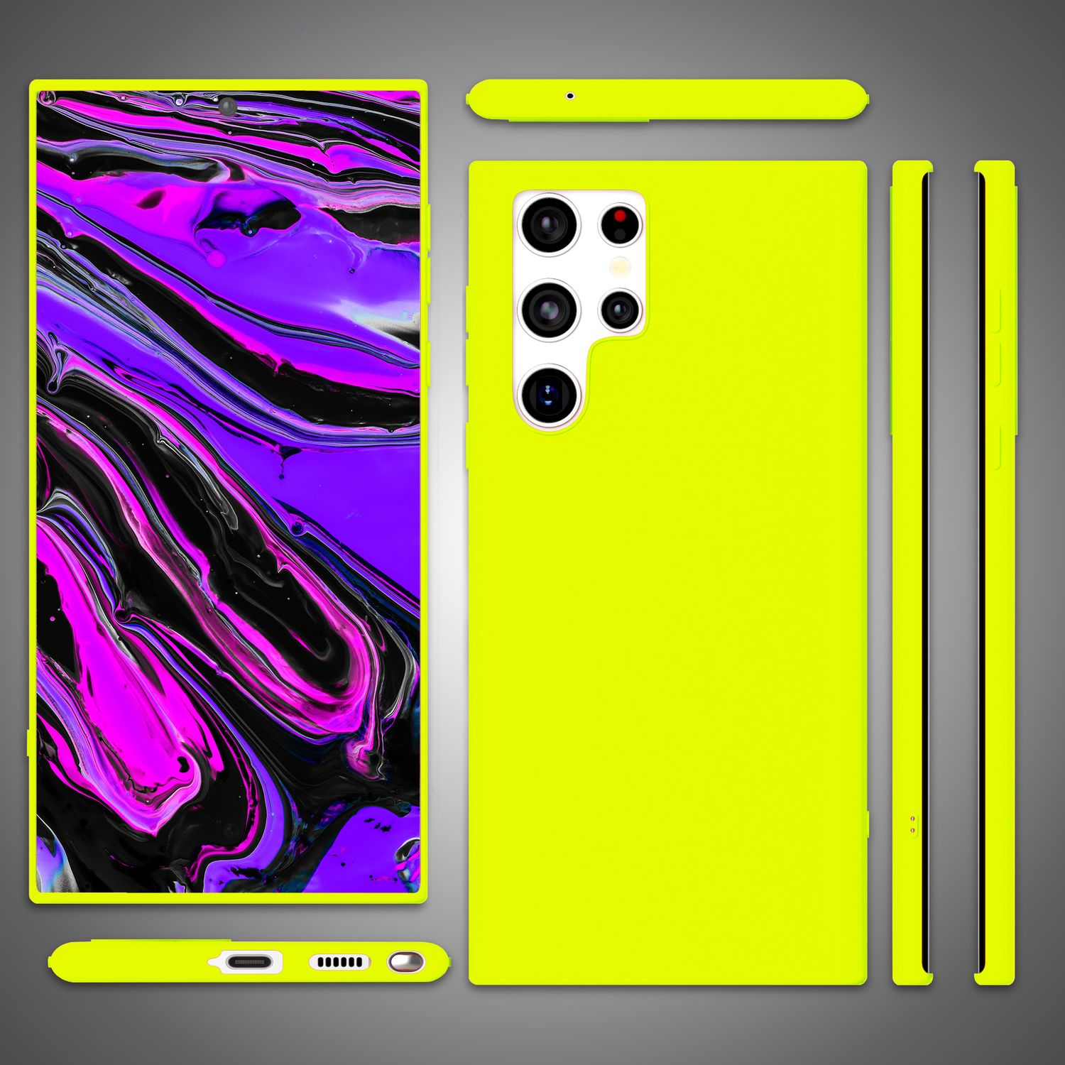 Coque de téléphone jaune autour du téléphone. Écran de téléphone avec un design violet et noir. Téléphone présenté sous différents angles.