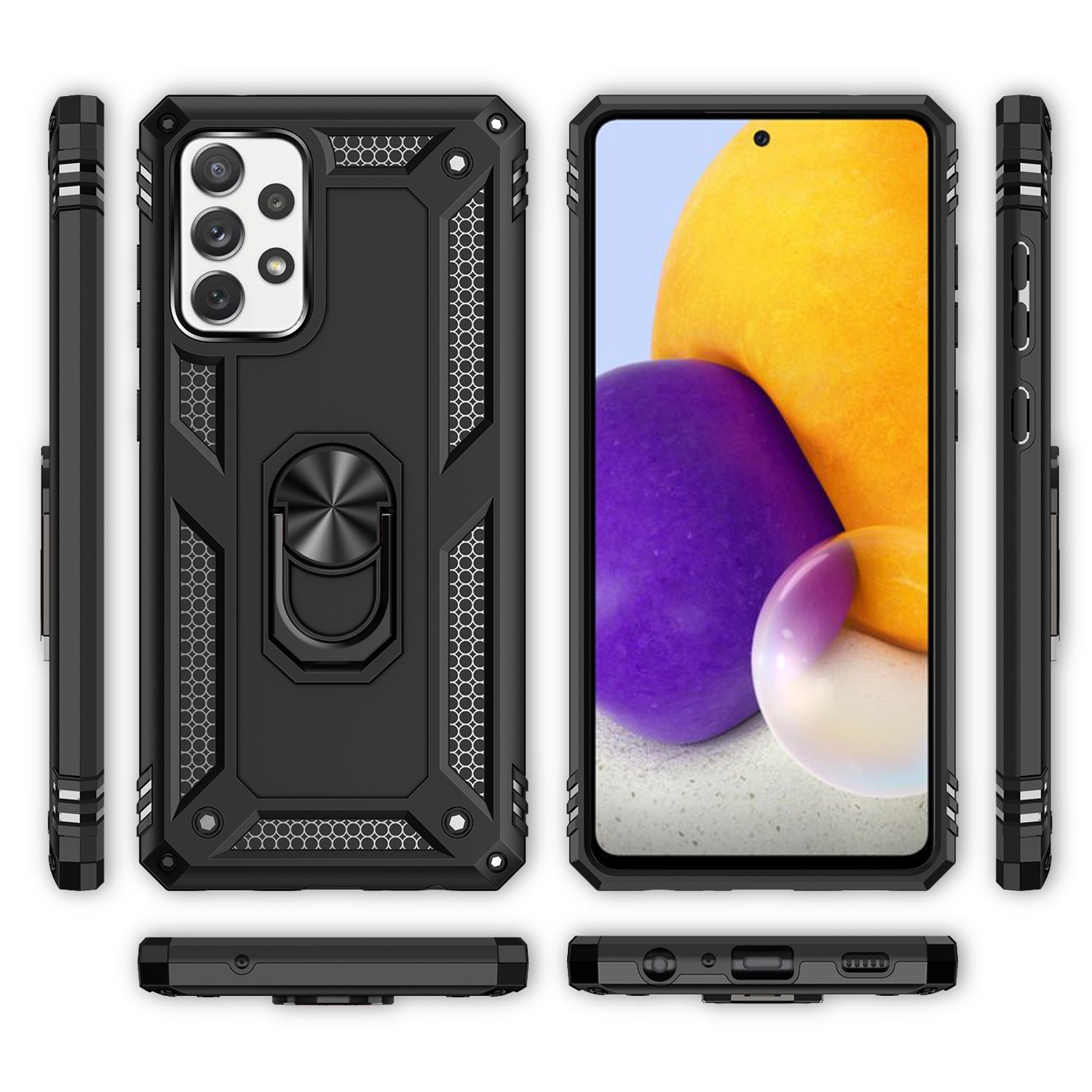 Schwarze Handyhülle. Das Telefon hat einen gelb-lila Hintergrund.