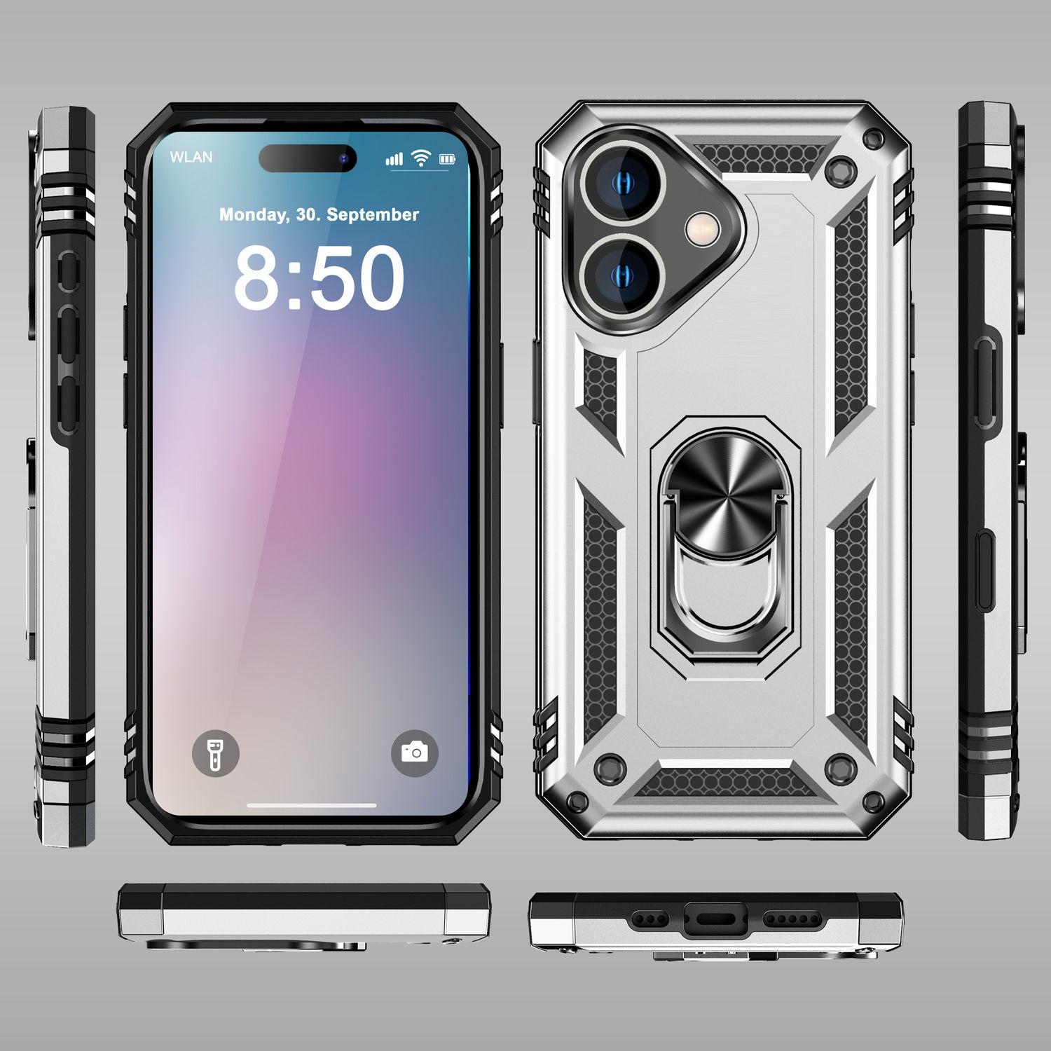 Handyhülle mit einem Telefon. Die Hülle ist silberfarben und hat einen Ring. Das Telefon hat einen Bildschirm.