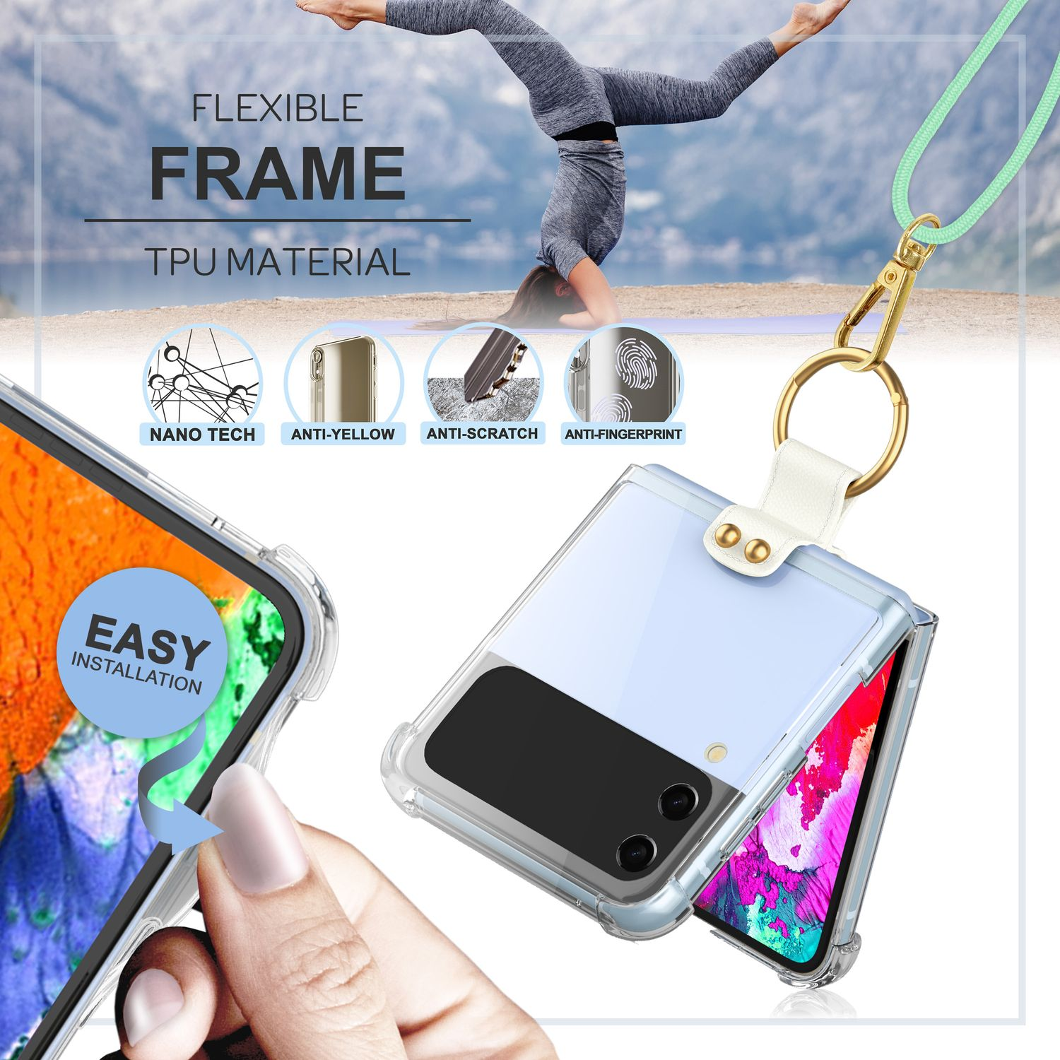 Transparente Handyhülle mit flexiblem Rahmen. Eigenschaften: Nano-Tech, Anti-Gelb, Anti-Kratz, und Fingerabdruckschutz.