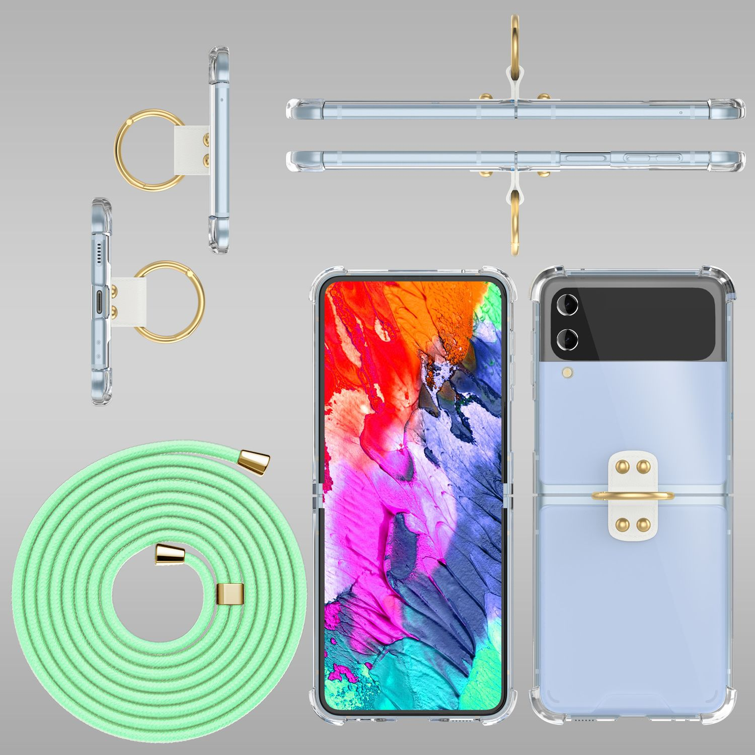 Handyhülle mit Ringhaltern, einem grünen Seil und einem Telefon mit Ladegerät auf dem Bildschirm.