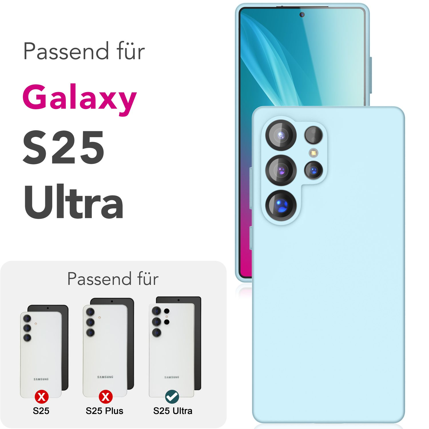 Hellblaue Handyhülle und Telefon mit Text zur S25 Ultra Kompatibilität.