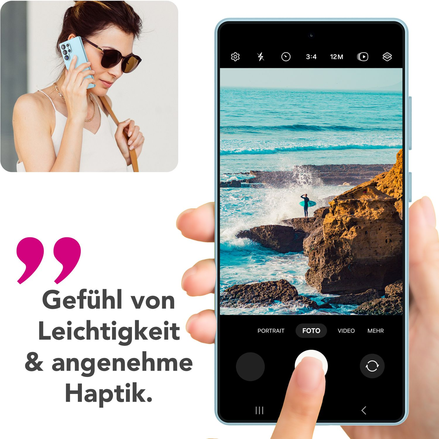 Frau mit Sonnenbrille benutzt Telefon mit Strandbild. Zitate: 'Gefühl von Leichtigkeit'.