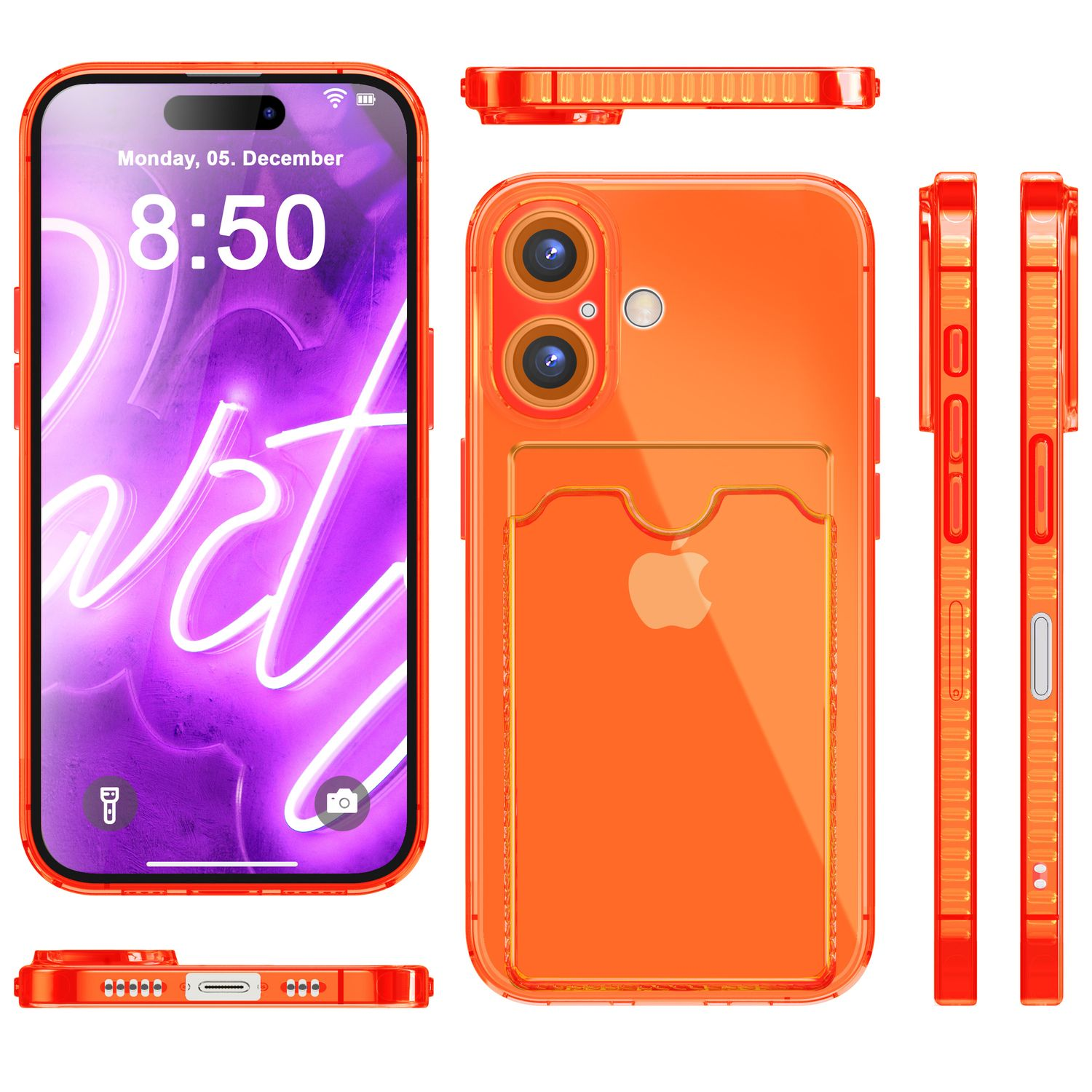 Orangefarbene Handyhülle mit Kreditkartenhalter, der Telefonbildschirm zeigt die Uhrzeit.