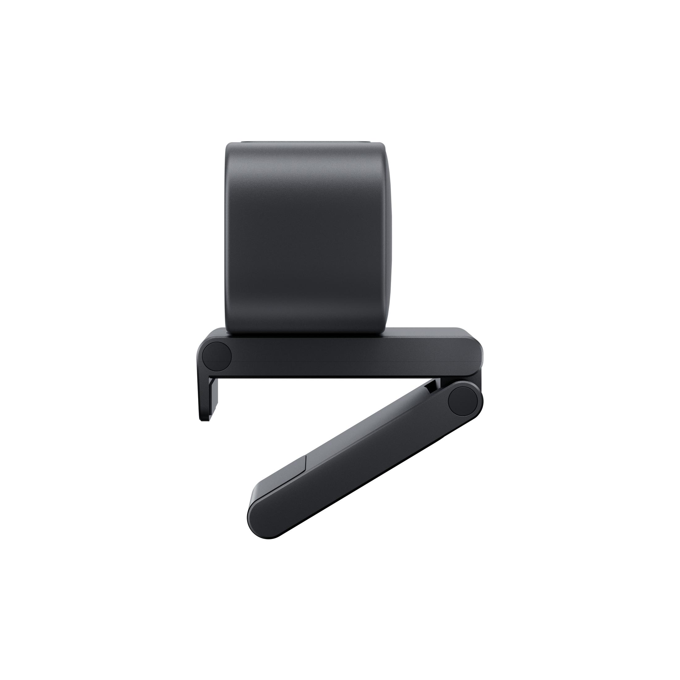 Czarna kamera internetowa z czarnym wspornikiem montażowym.