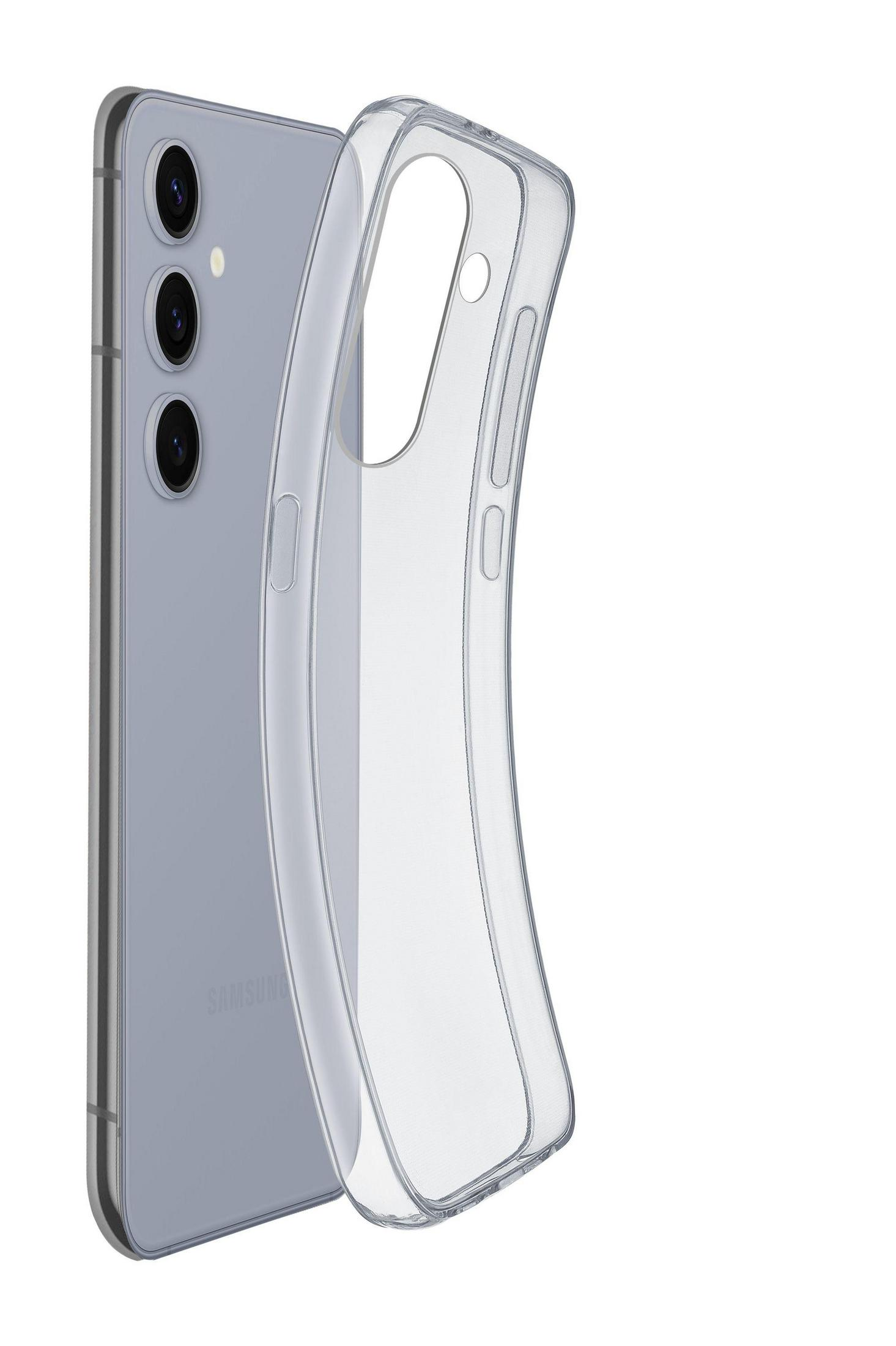 Custodia trasparente per telefono accanto a un telefono argentato con protuberanze della fotocamera.