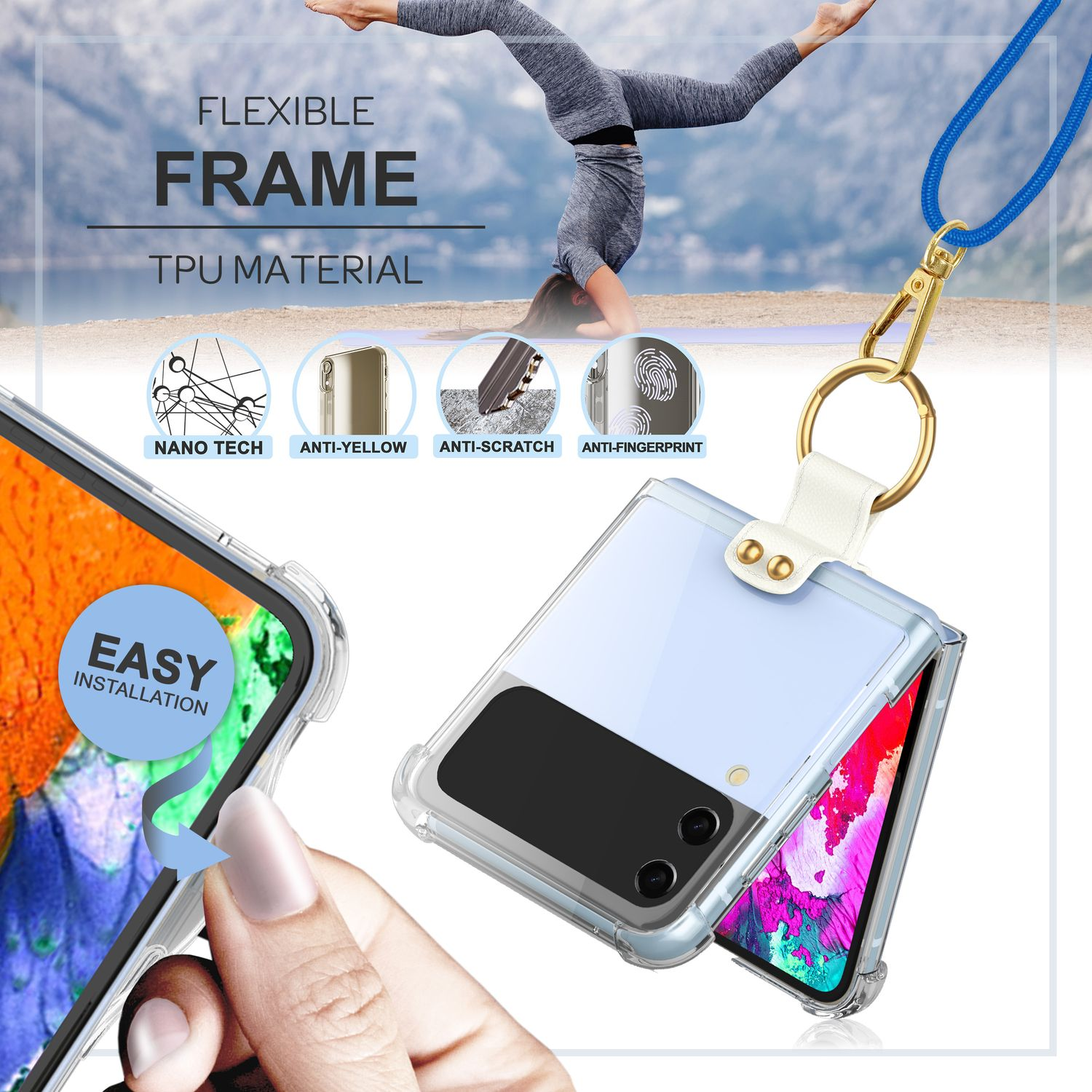 Eine Handyhülle mit einem Telefon darin, mit der Hand einer Person, die das Telefon hält.