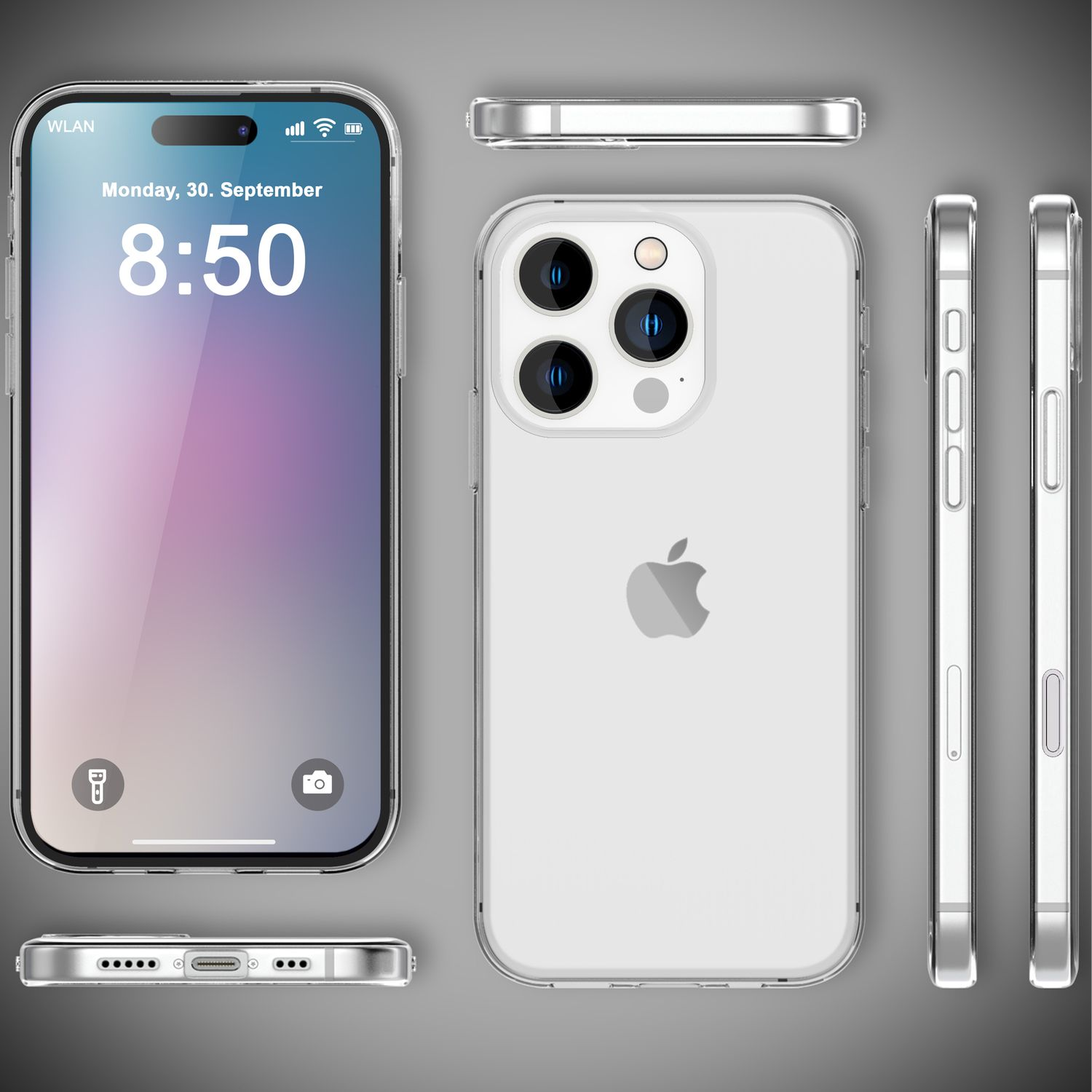 Ein silbernes Telefon mit transparentem Gehäuse, das das Display zeigt. Viele Ansichten.