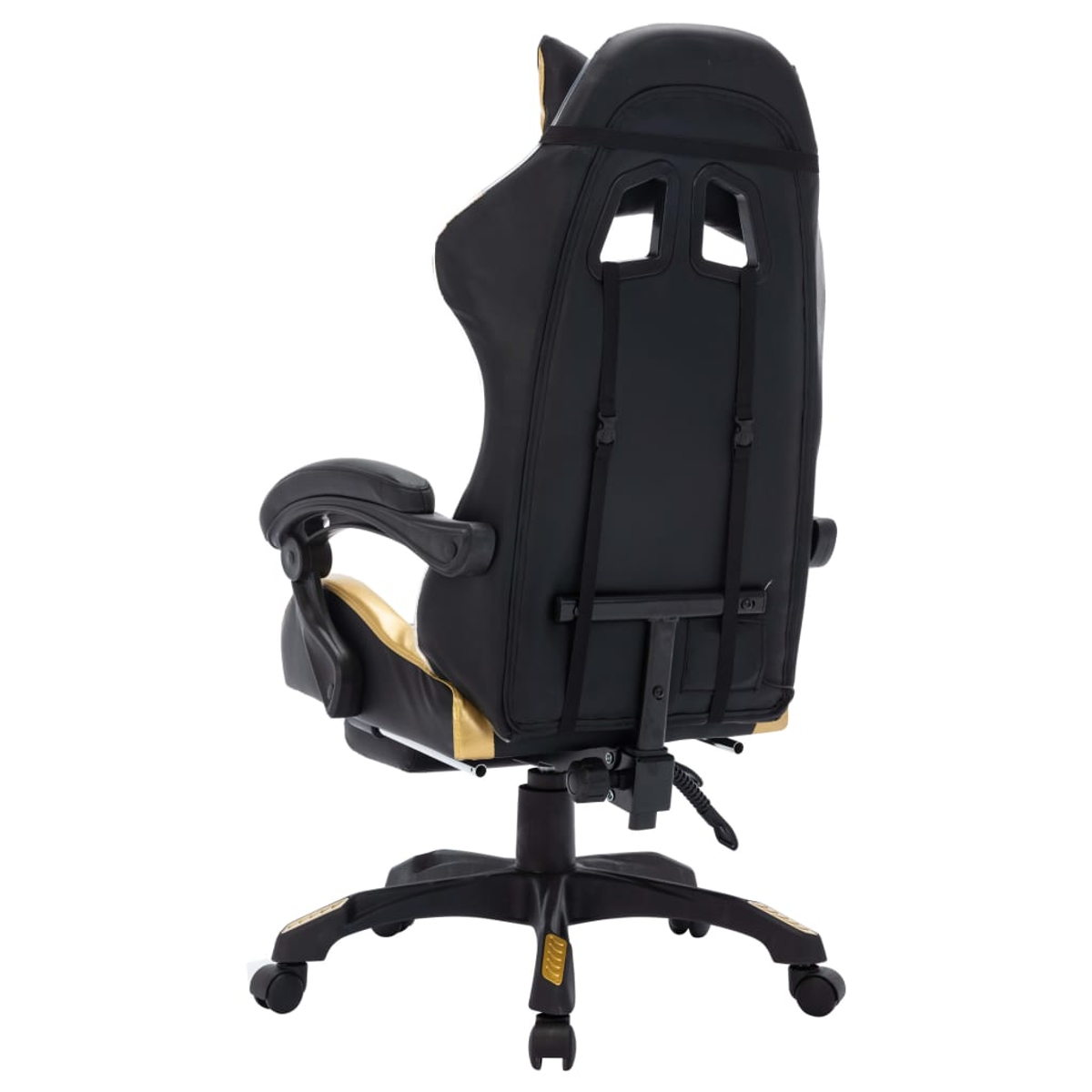 Rückansicht eines schwarz-goldenen Gaming-Stuhls. Der Stuhl hat einen hohen Rücken und Räder.