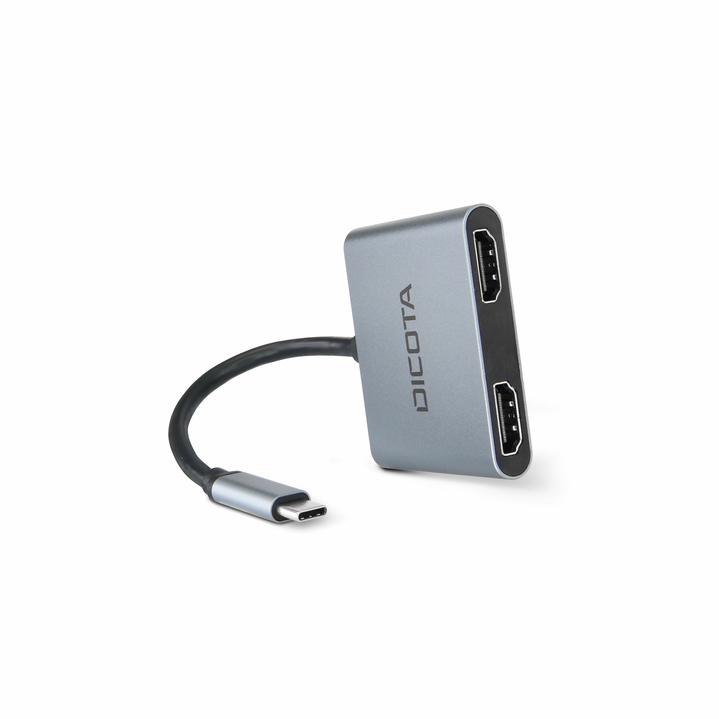 Ein silberner Dicota-Adapter mit schwarzem Kabel und USB-C-Anschluss. Der Adapter hat zwei HDMI-Anschlüsse.