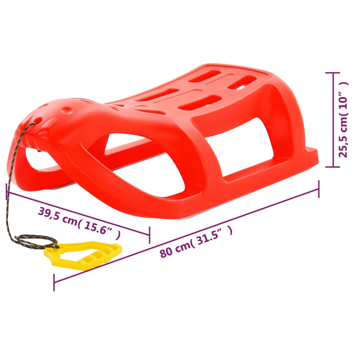 Roter Schlitten mit Abmessungen: 80cm lang, 39,5cm breit und 25,5cm hoch.