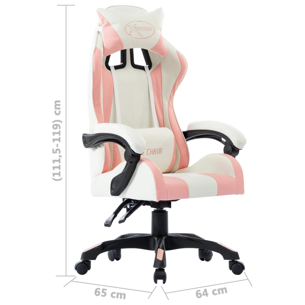 Weißer und rosa Gaming-Stuhl. Er hat eine Kopfstütze, Armlehnen und eine schwarze Basis mit Rädern.