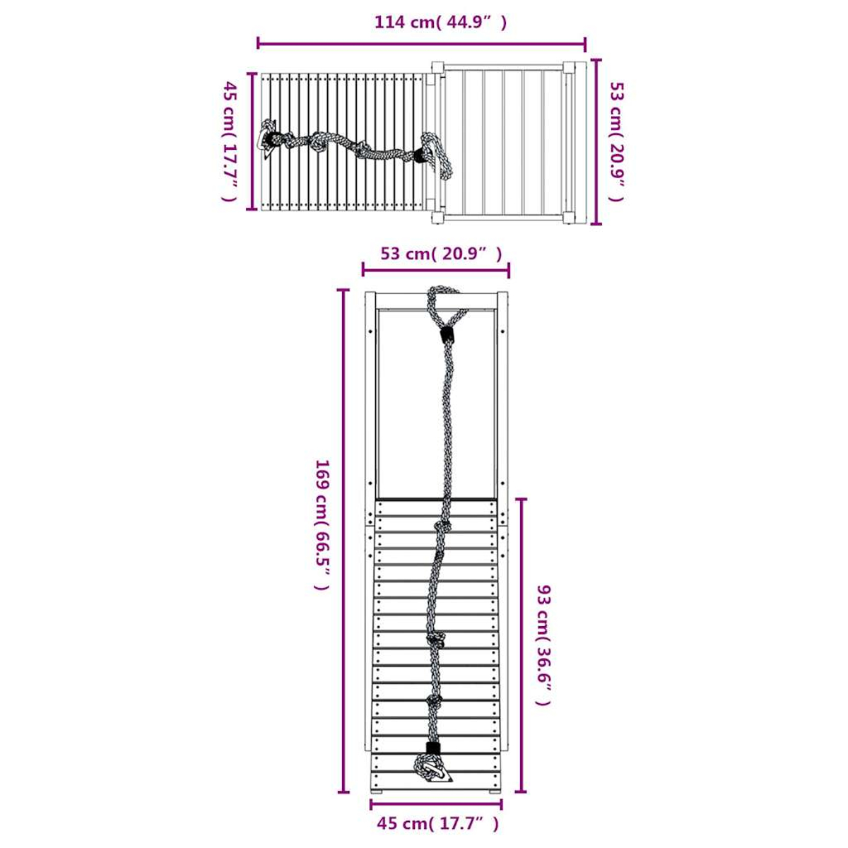 Diagramm einer hölzernen Kletterstruktur mit Abmessungen in cm, einschließlich einer Strickleiter.