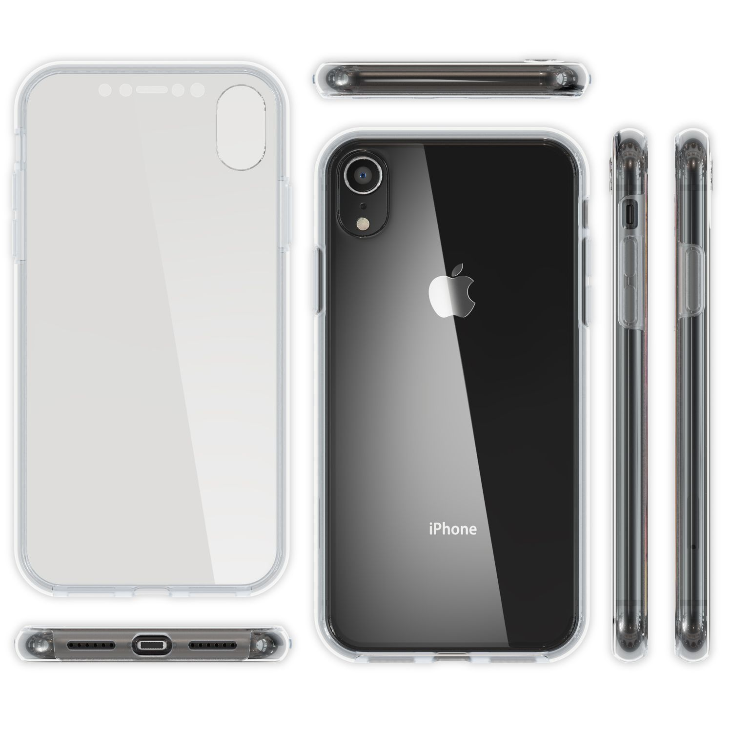 Transparente Handyhülle mit einem Telefon darin, aus verschiedenen Winkeln.