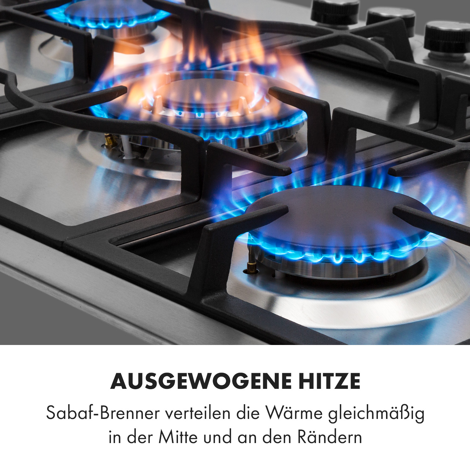 Nahaufnahme eines Gasherds mit blauen Flammen. Der Text lautet 'Ausgewogene Hitze'.