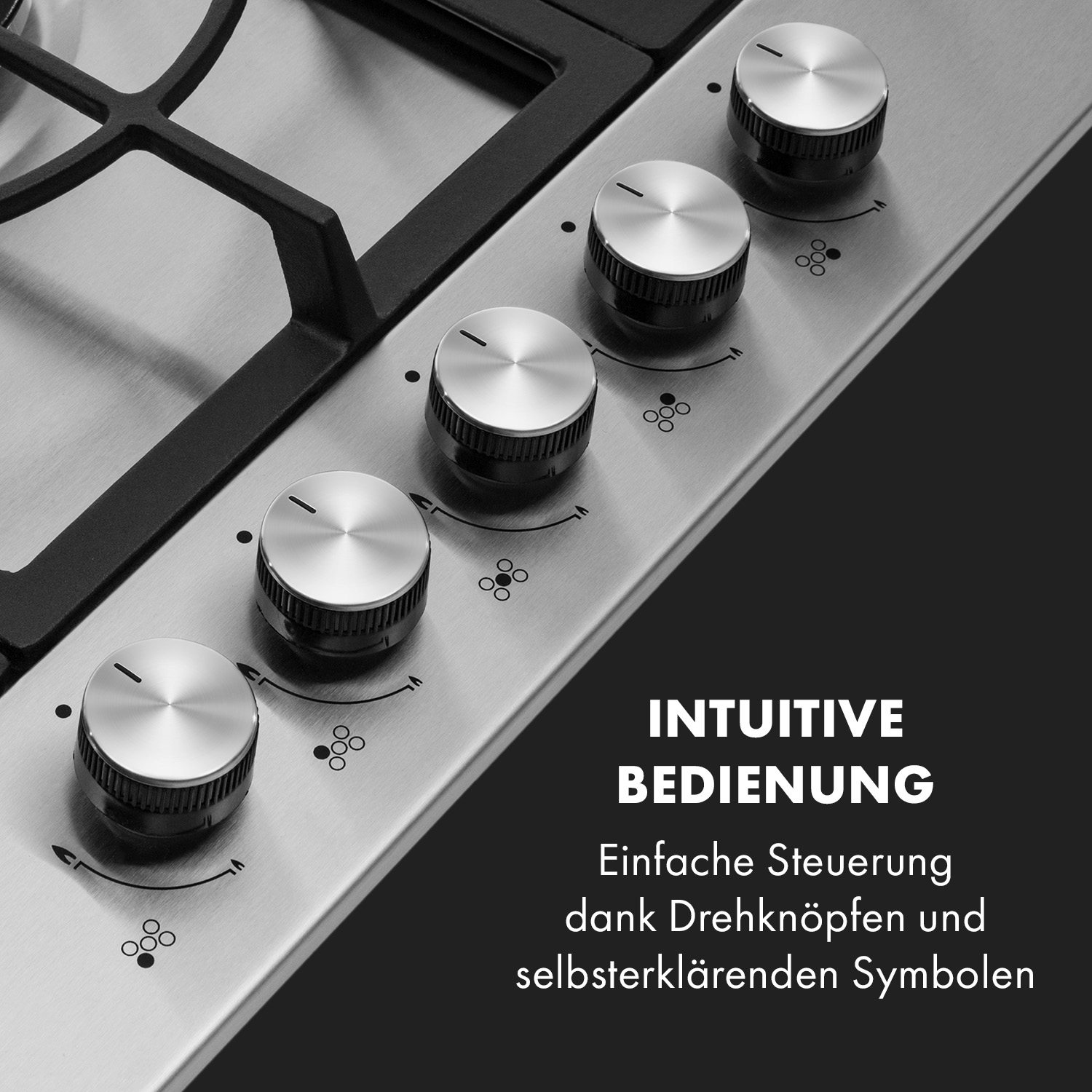Nahaufnahme von Gasherdknöpfen, modernes Design, Edelstahl.