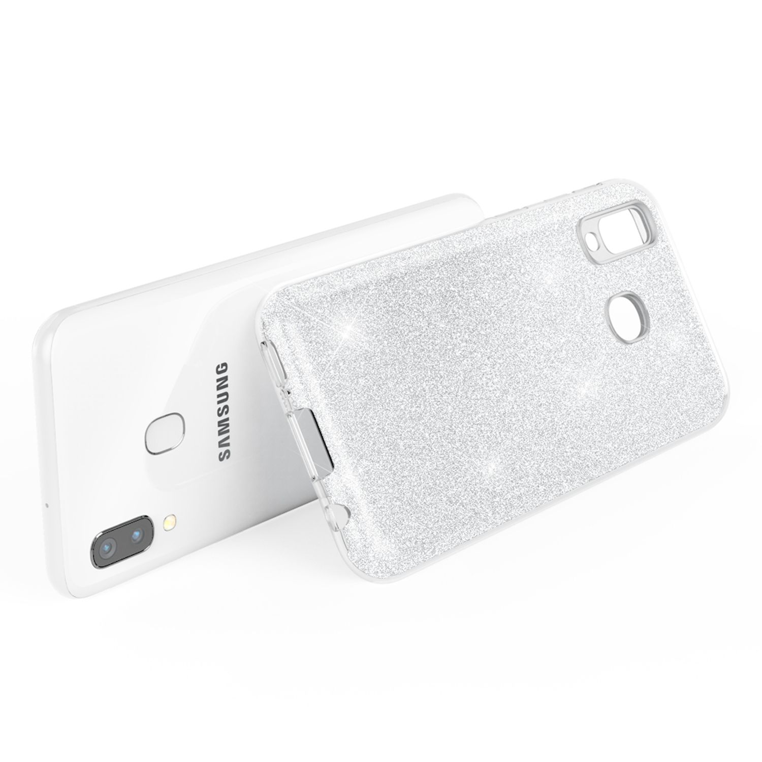 Zwei Handyhüllen, die das Samsung-Logo zeigen. Glitzereffekt auf der Oberfläche. Weißer Hintergrund.