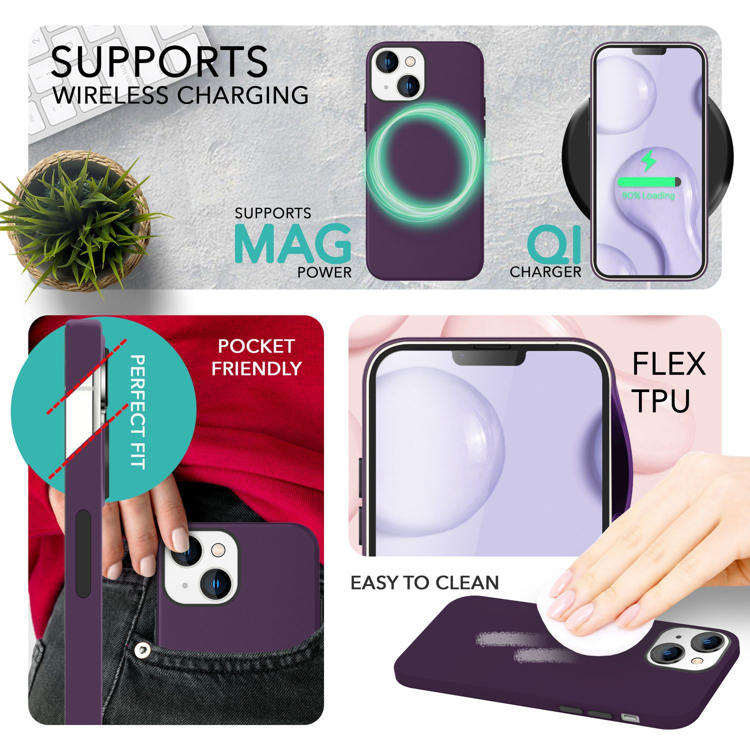 Lila Handyhülle mit kabellosem Laden, MagPower, Qi-Ladegerät, taschenfreundliches Design.
