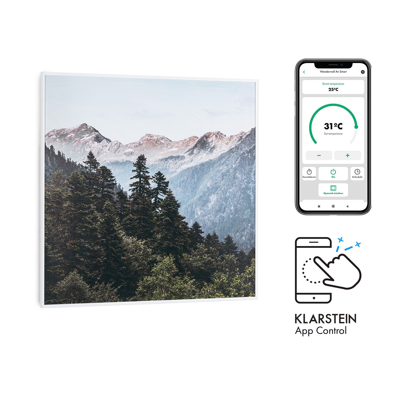 Ein Gemälde einer Berglandschaft und ein Smartphone, das eine Temperatur von 31 Grad zeigt.