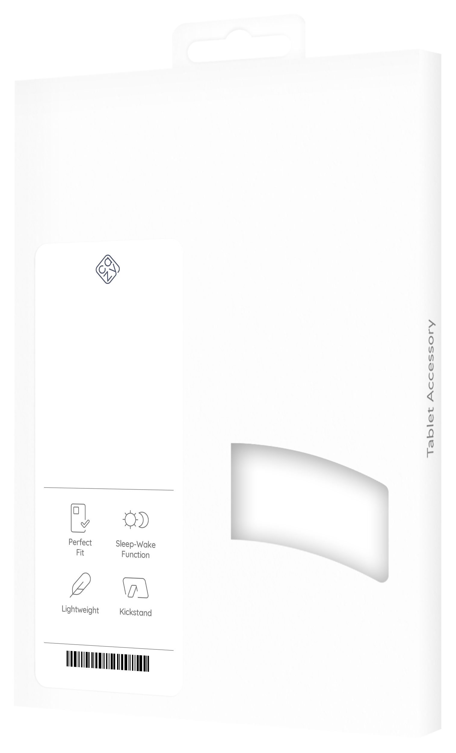 Weiße Tablet-Zubehörbox mit Symbolen und einem Barcode.