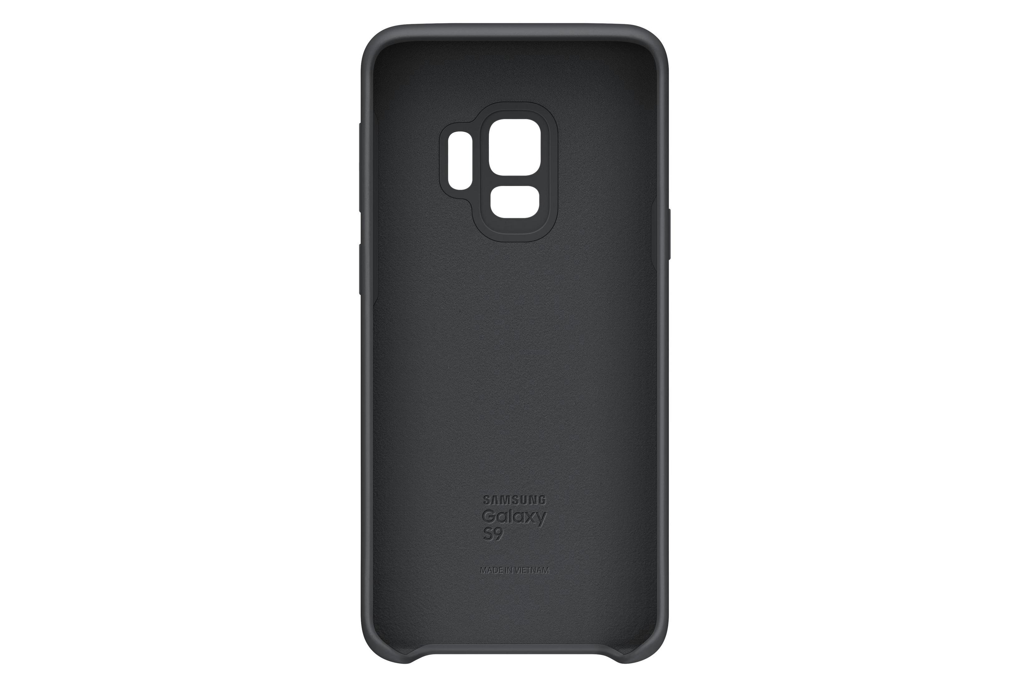 Die Innenseite einer schwarzen Handyhülle. Sie hat einen Kameraausschnitt und den Text "SAMSUNG Galaxy S9". Die Hülle ist innen leer.