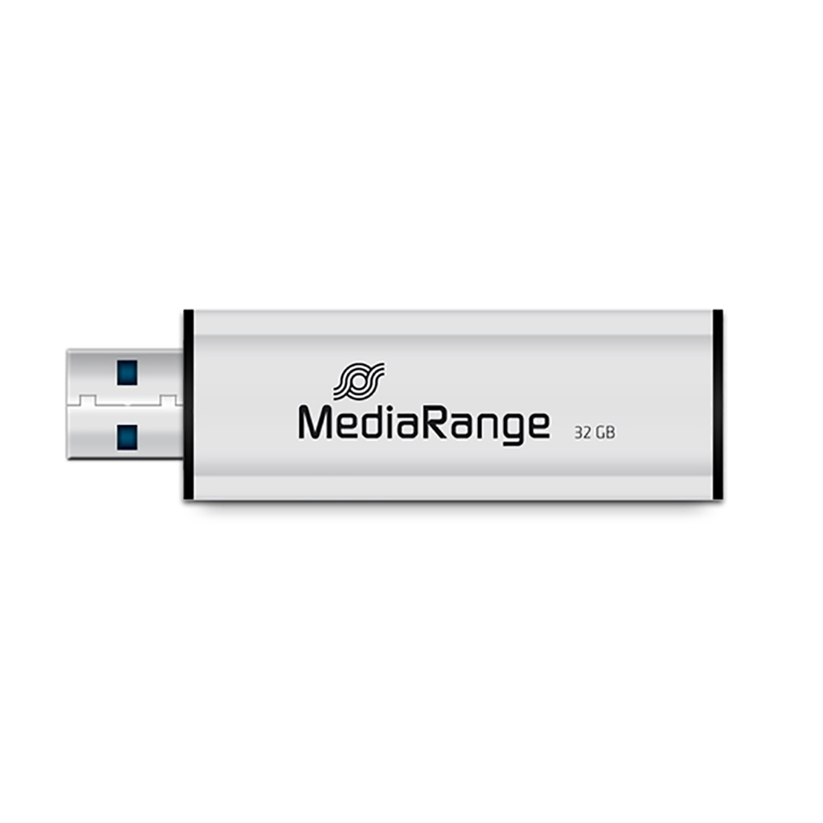 Srebrno-czarny pendrive MediaRange z etykietą pojemności 32 GB.