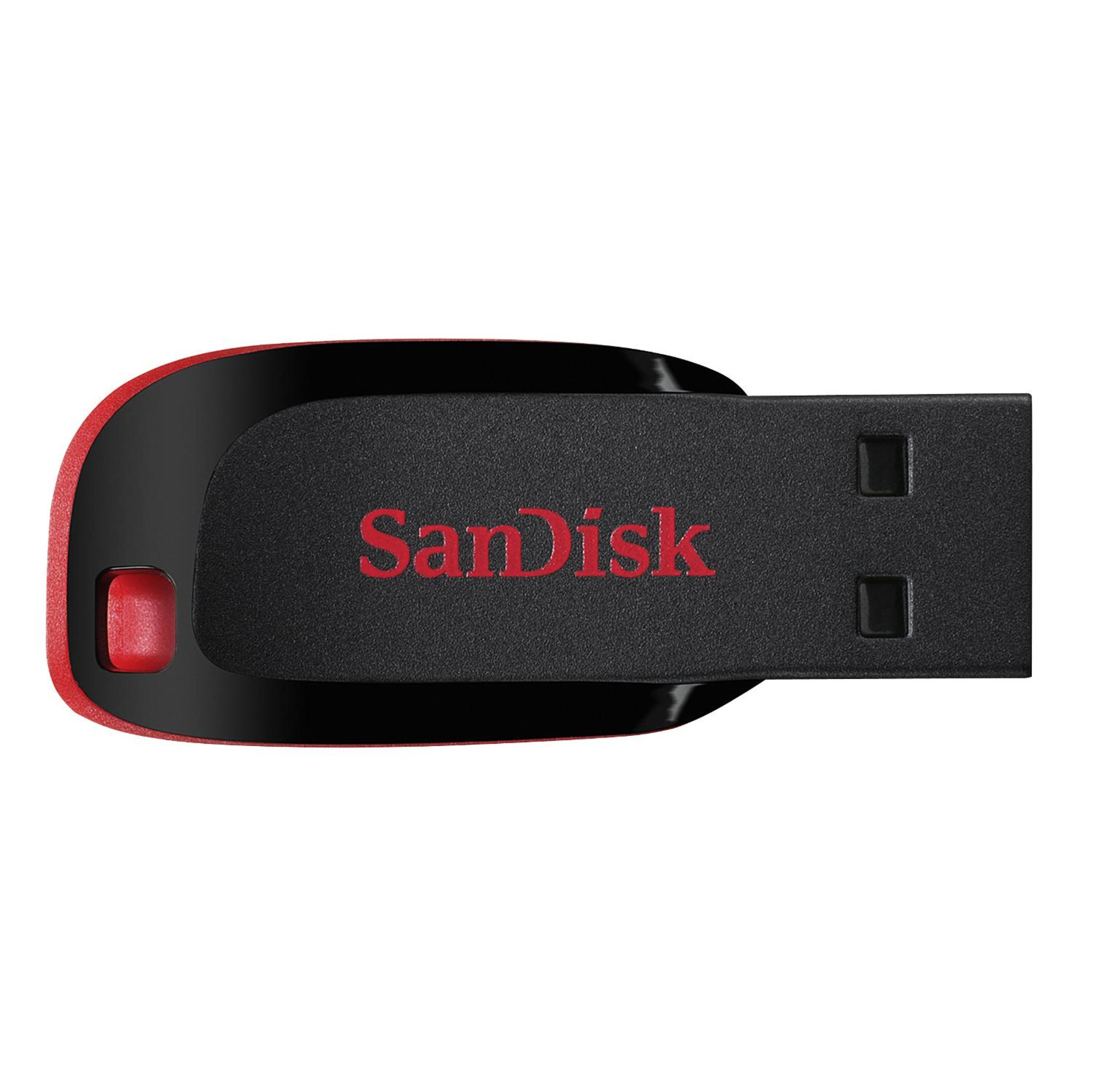 Czerwony i czarny pendrive Sandisk. Nazwa marki jest wydrukowana na czerwono.