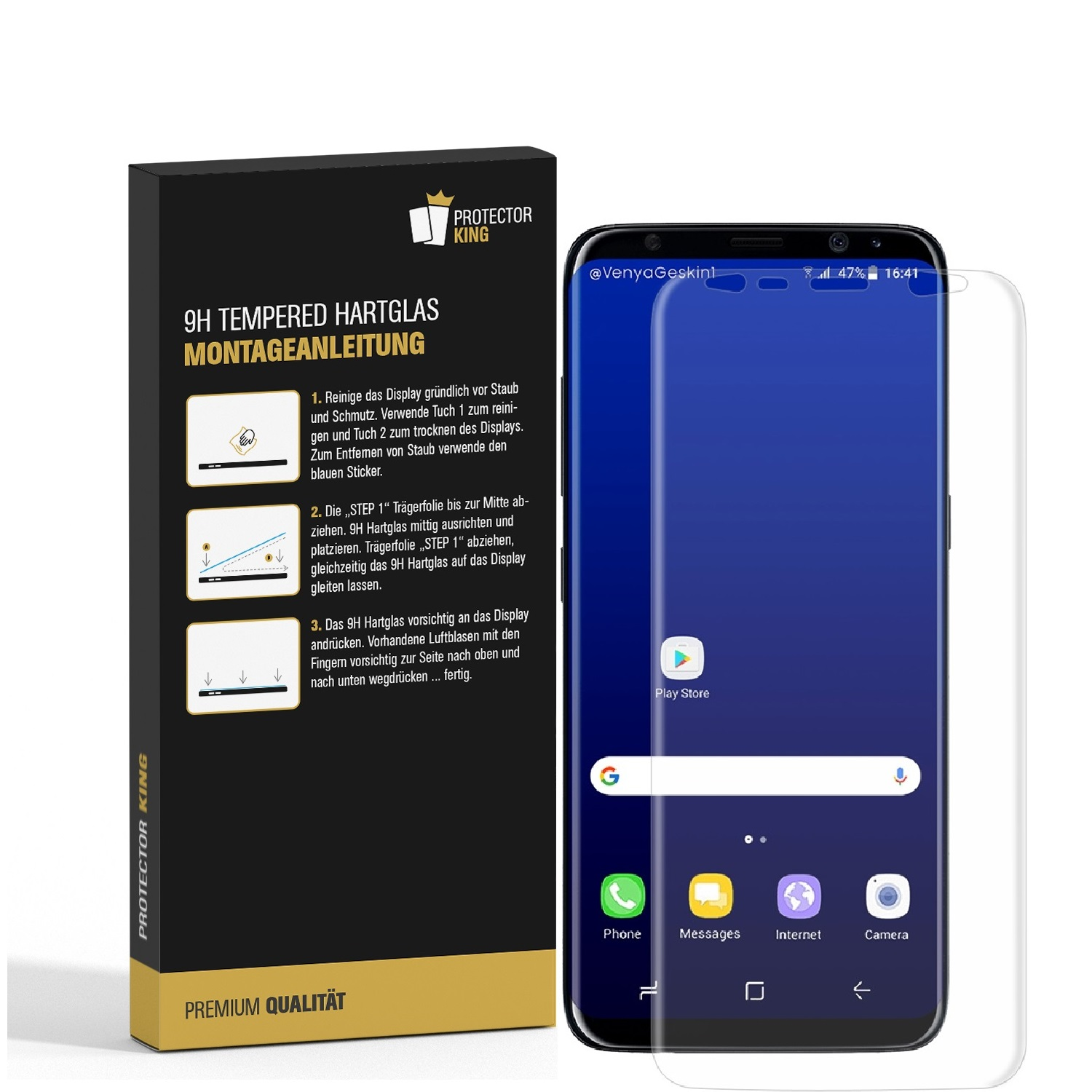 Ein Telefon mit Displayschutzfolie und eine Box mit Installationsanweisungen.