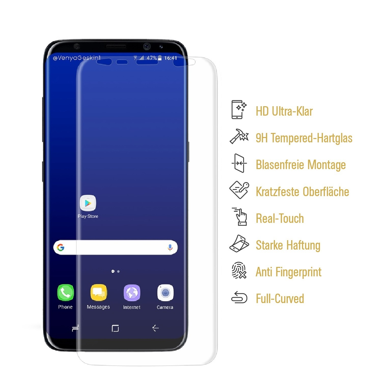 Ein Smartphone mit angebrachtem Displayschutz, plus Icons, die Funktionen wie HD-Klarheit und Anti-Fingerprint anzeigen.