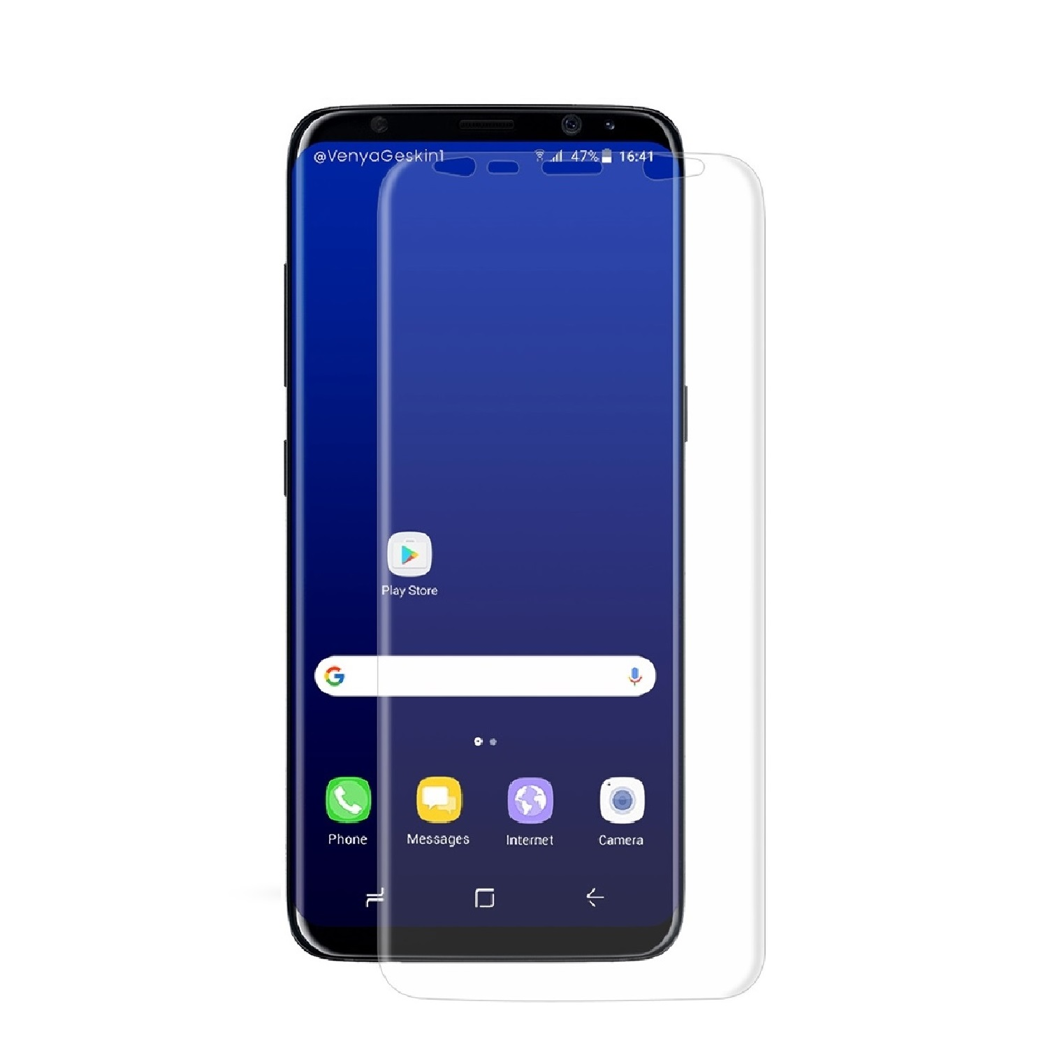 Smartphone mit aufgebrachter Displayschutzfolie. Das Telefon ist schwarz und zeigt einen blauen Bildschirm mit App-Symbolen.