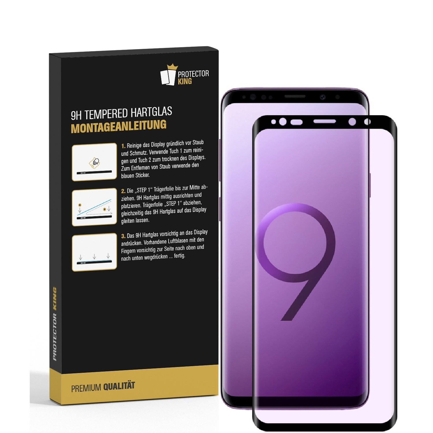 Displayschutzfolien und Verpackung. Ein schwarzes Telefon hinter dem Displayschutz.