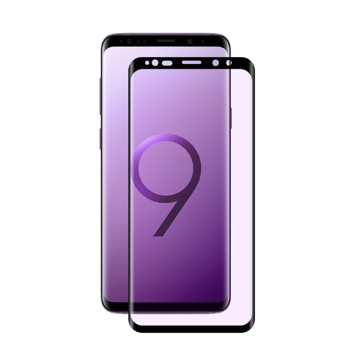 Zwei Telefone mit Displayschutz. Die Bildschirme sind lila und zeigen die '9'.