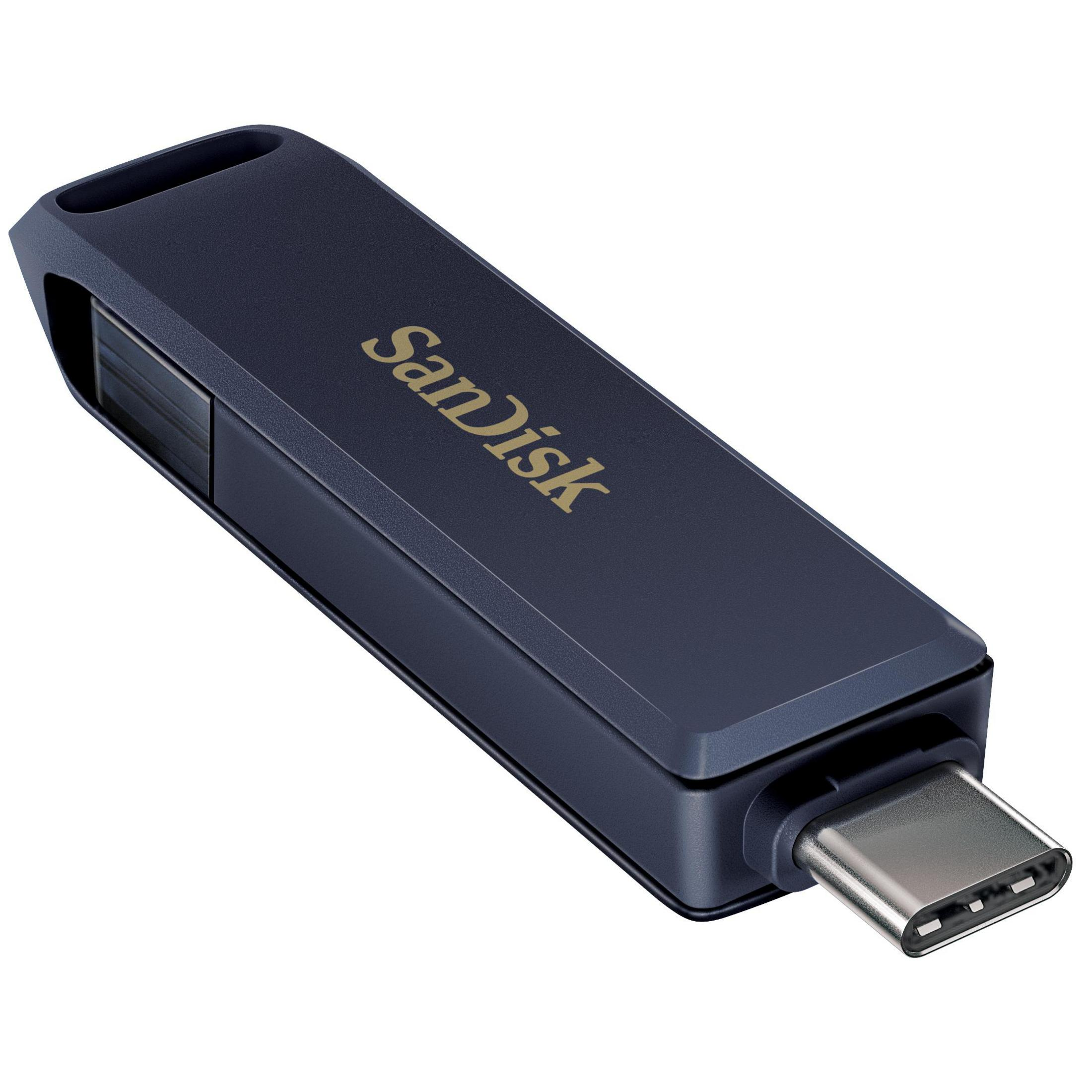 Clé USB-C Sandisk bleu foncé. Le nom de la marque est doré.