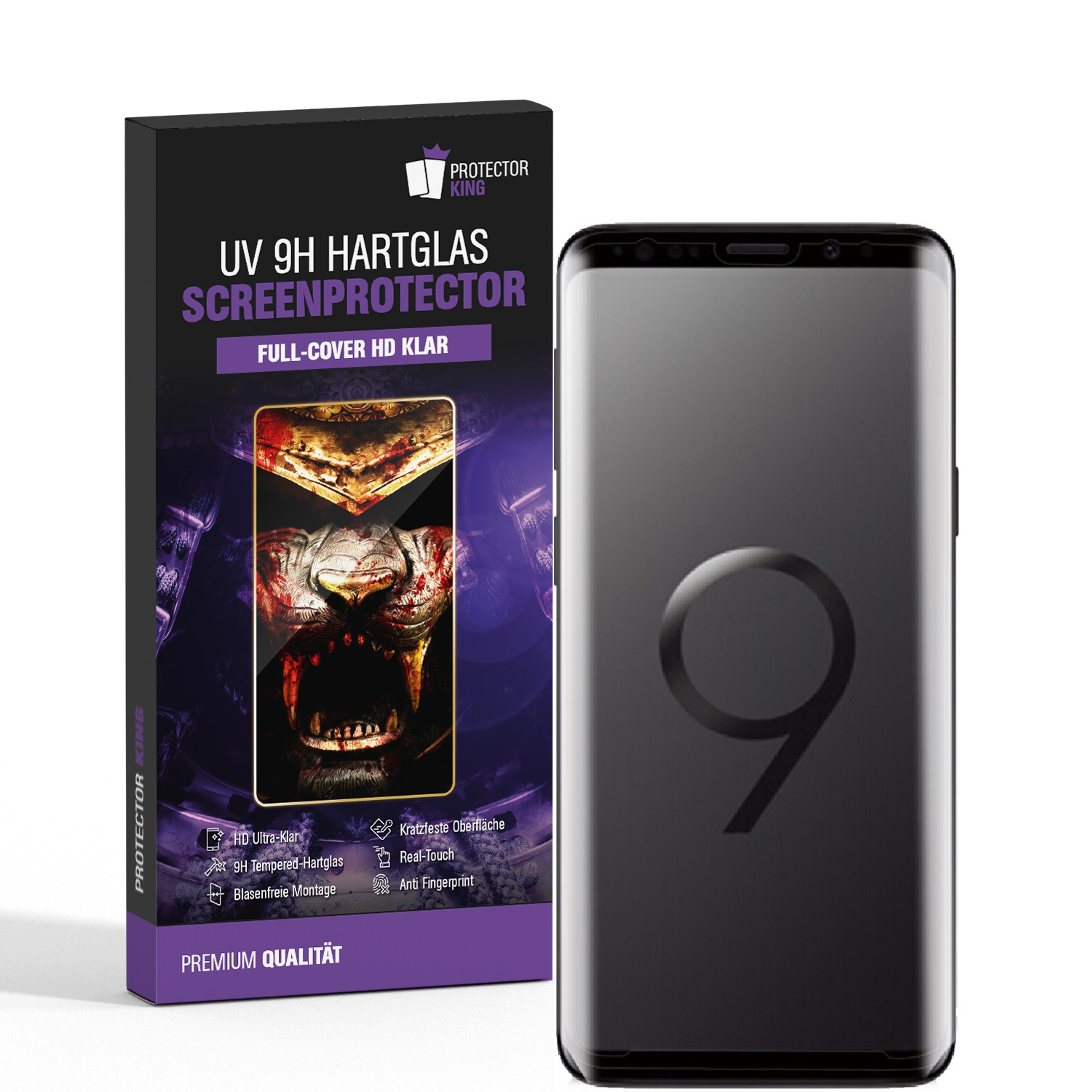 Eine Handy-Displayschutzfolienbox und ein Telefon. Die Box hat Text und ein Bild eines Löwen. Das Telefon ist schwarz mit der Zahl 9.