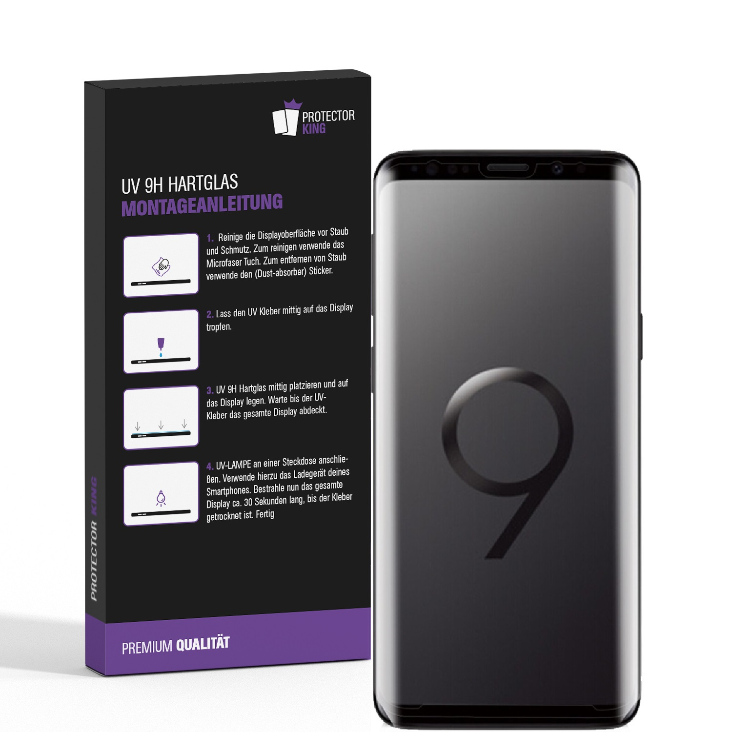 Ein Smartphone mit Displayschutzfolie und Montageanleitung.