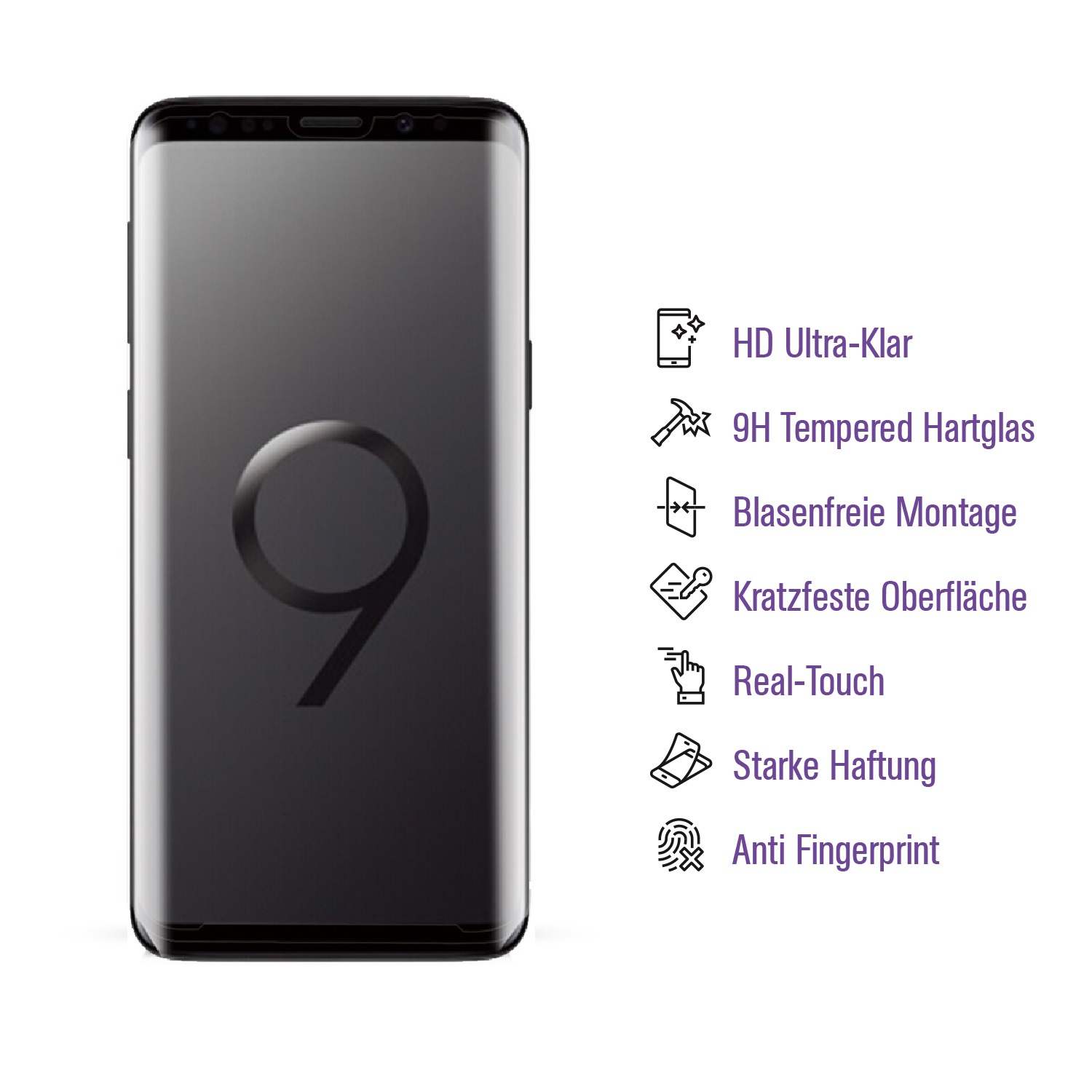 Schwarzes Smartphone mit Displayschutz. Text auf Deutsch, mit Symbolen.
