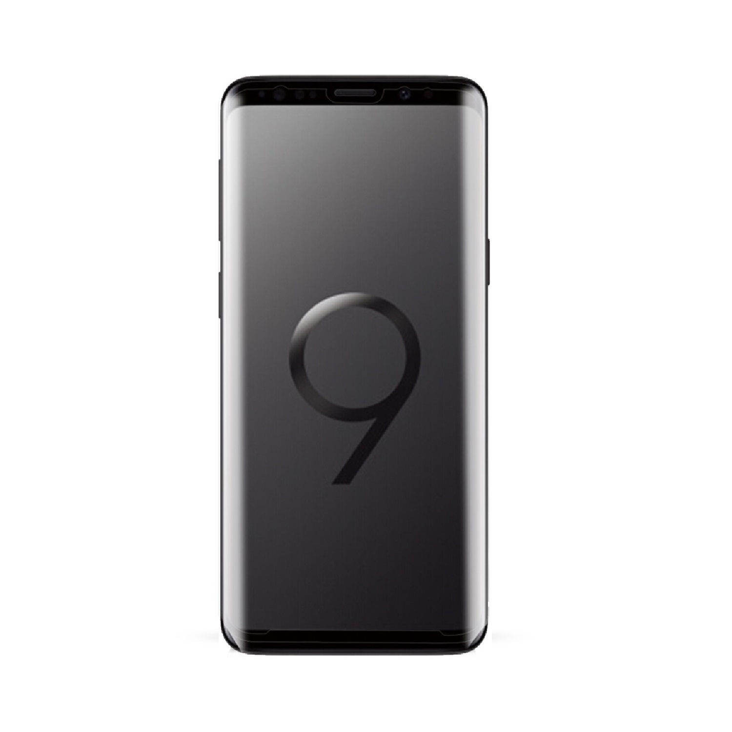 Schwarzes Samsung Galaxy S9 Telefon. Schwarzer Bildschirm. Weißer Hintergrund.