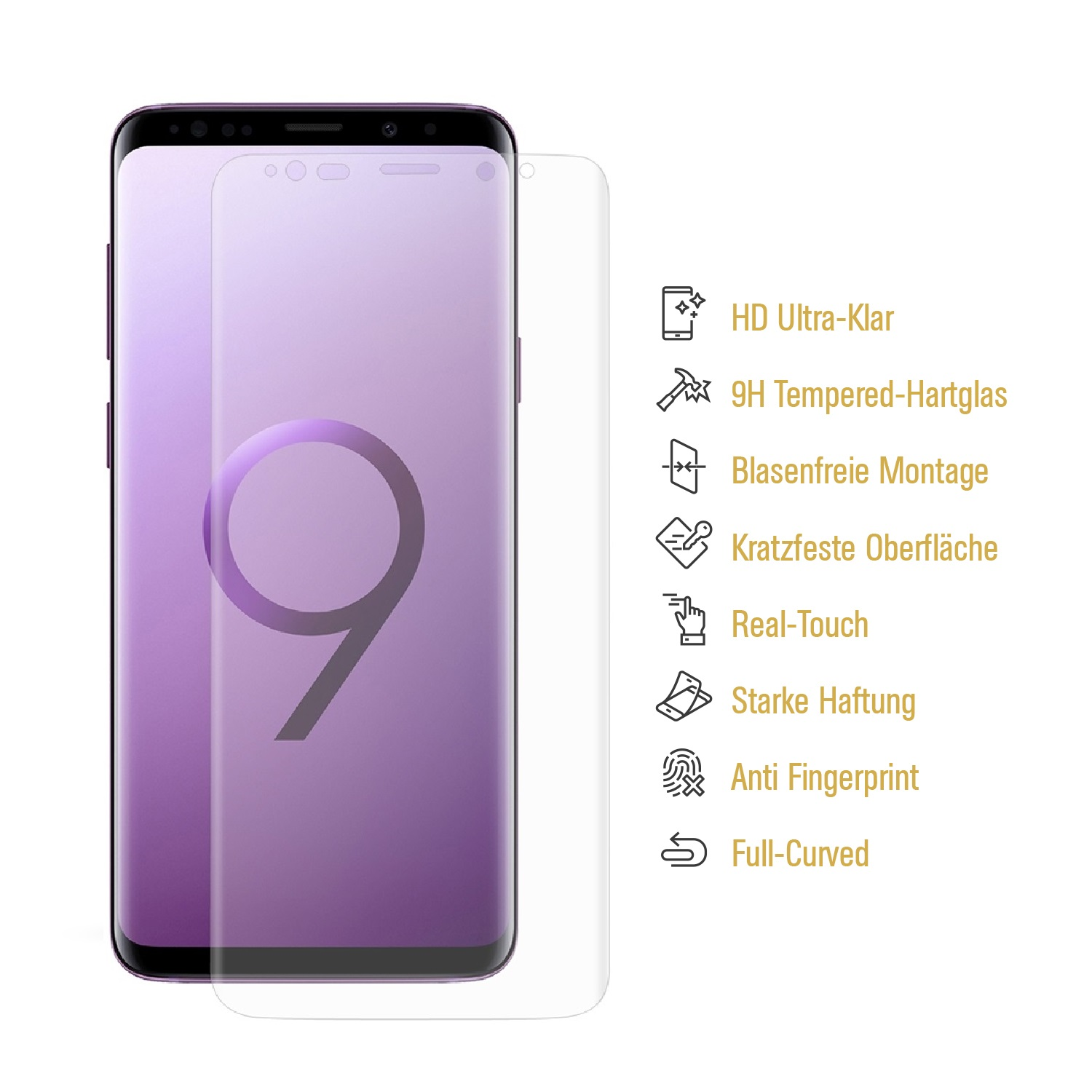 Ein Telefon mit Displayschutzfolie, plus Icons: HD, 9H, blasenfrei, kratzfest, echtes Touch, starker Halt.