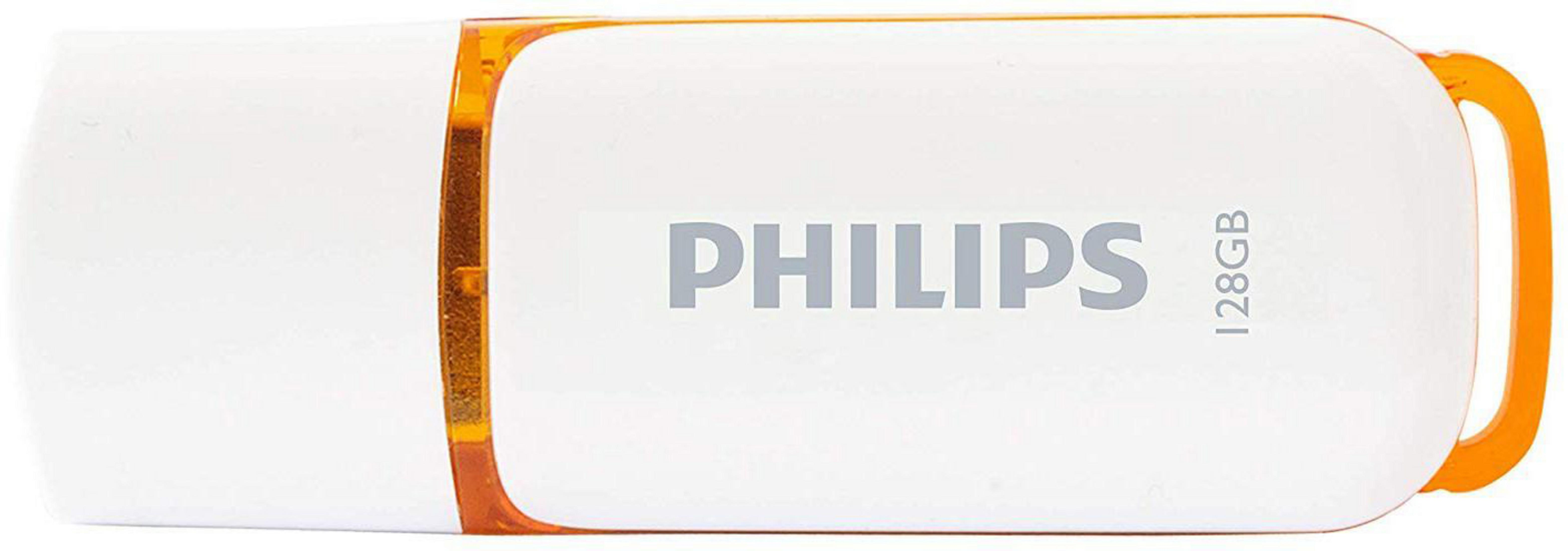 Weißes Philips USB-Flash-Laufwerk, 128 GB, mit orangefarbenem Akzent.