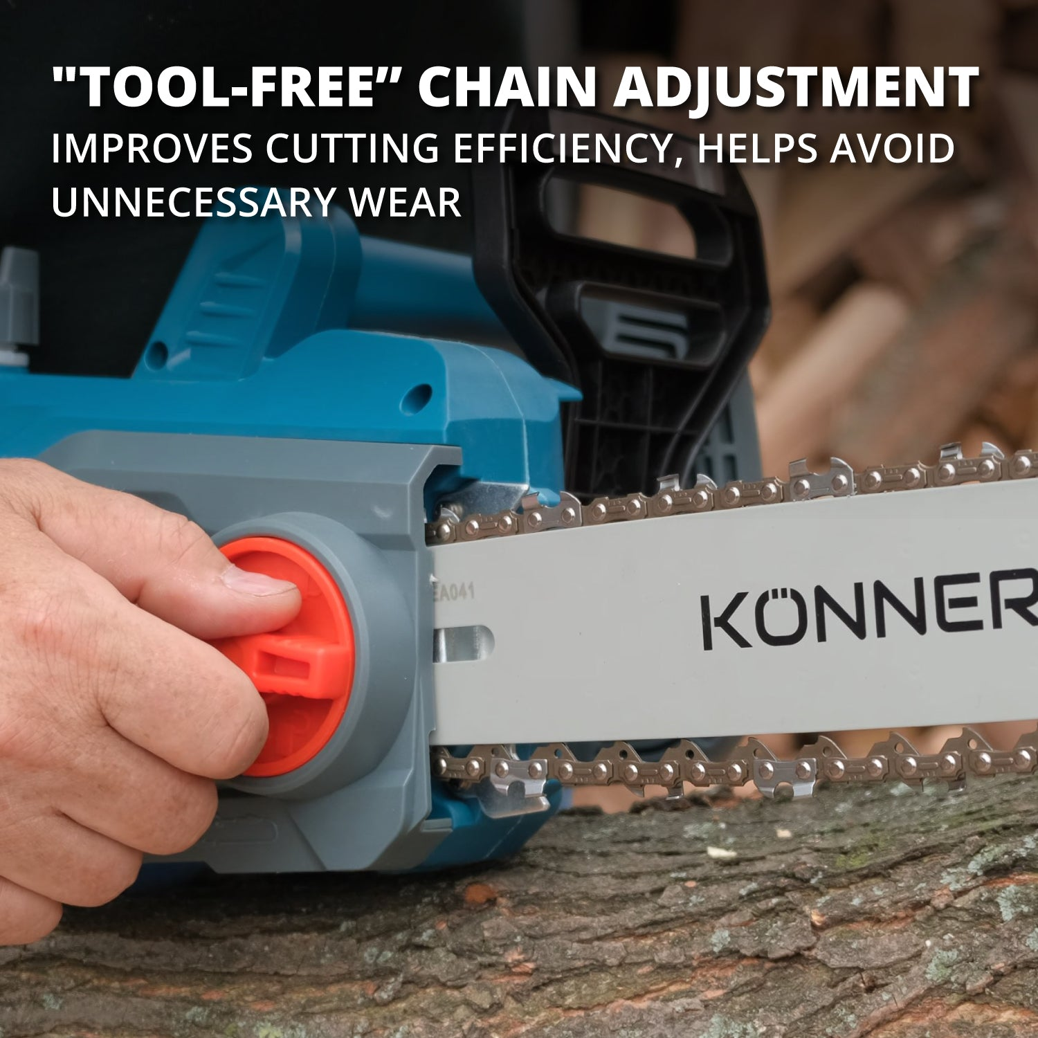 Niebieska piła łańcuchowa z beznarzędziową regulacją łańcucha. Zbliżenie na łańcuch.