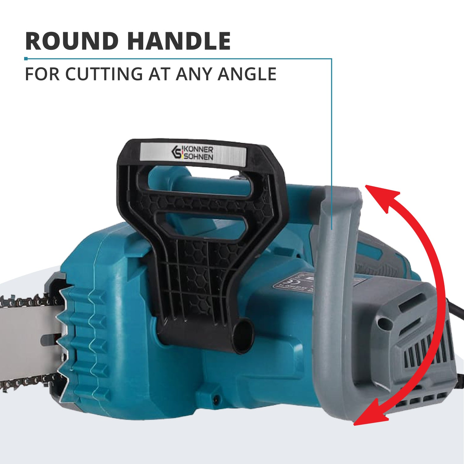 Niebieska piła łańcuchowa. Okrągły uchwyt. Czerwone strzałki wskazują kąt cięcia.