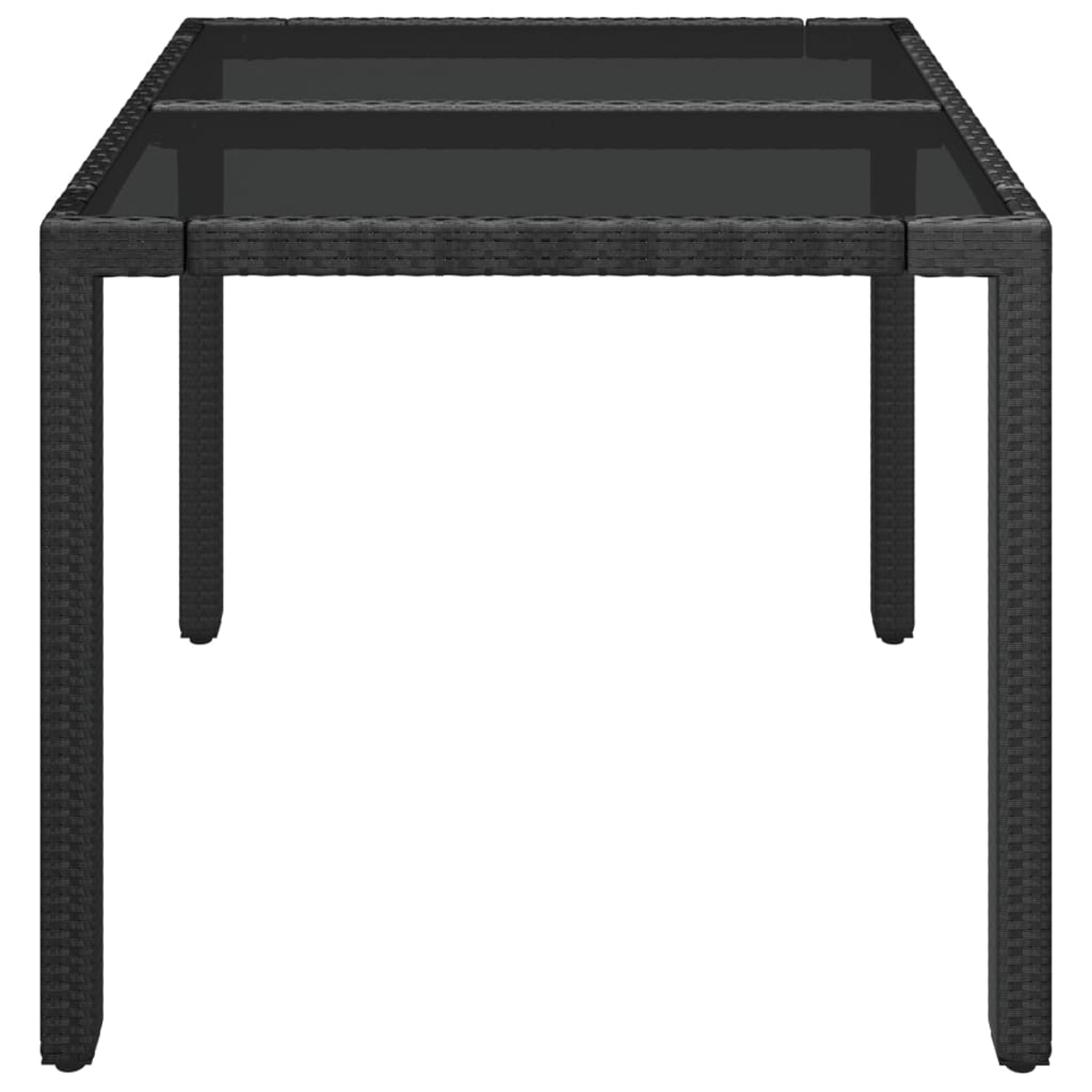 Schwarzer Korbtisch mit Glasplatte. Vier Beine, von oben sichtbar. Weißer Hintergrund.