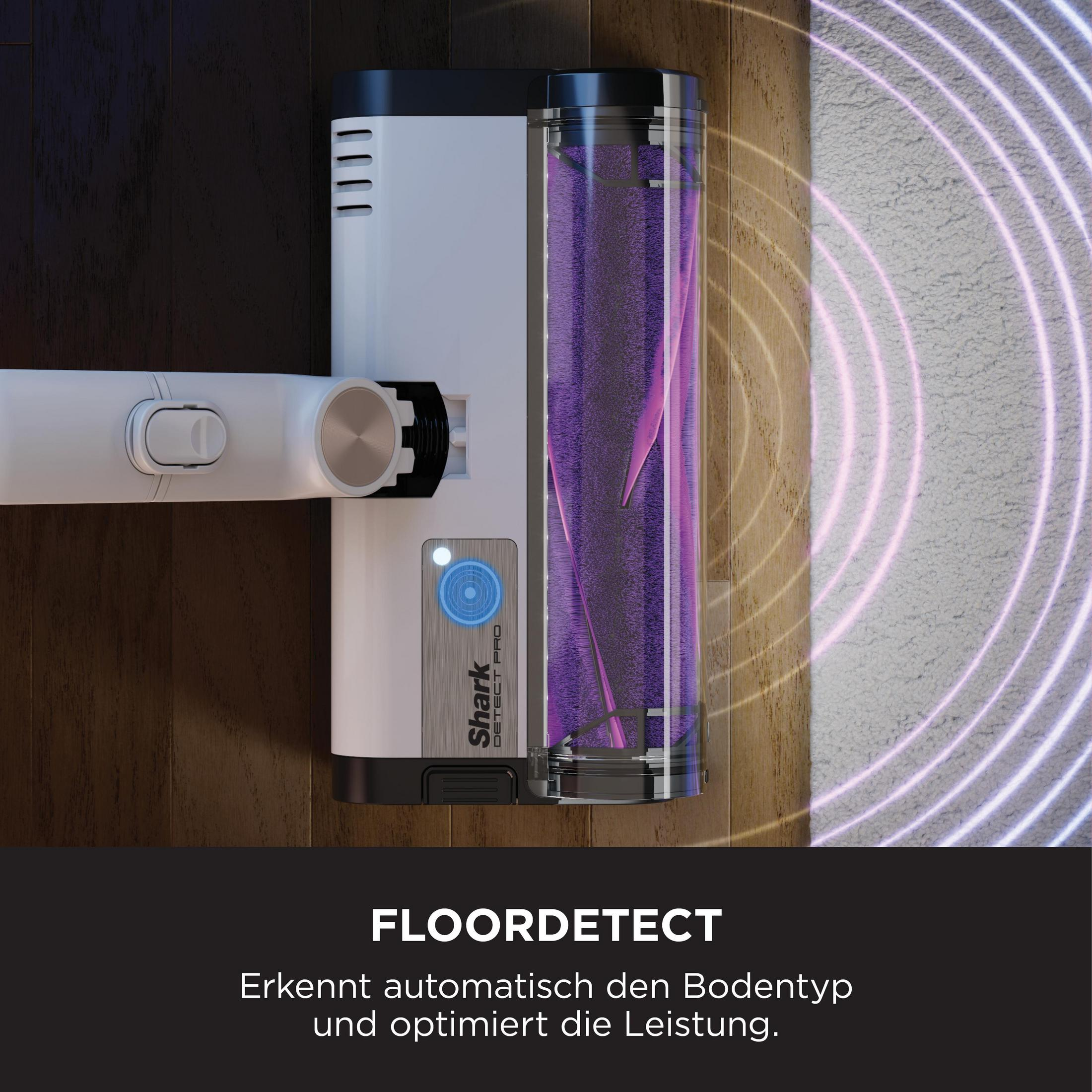 Vacuum cleaner on floor, purple roller, white and black body, floor detect feature, light waves.