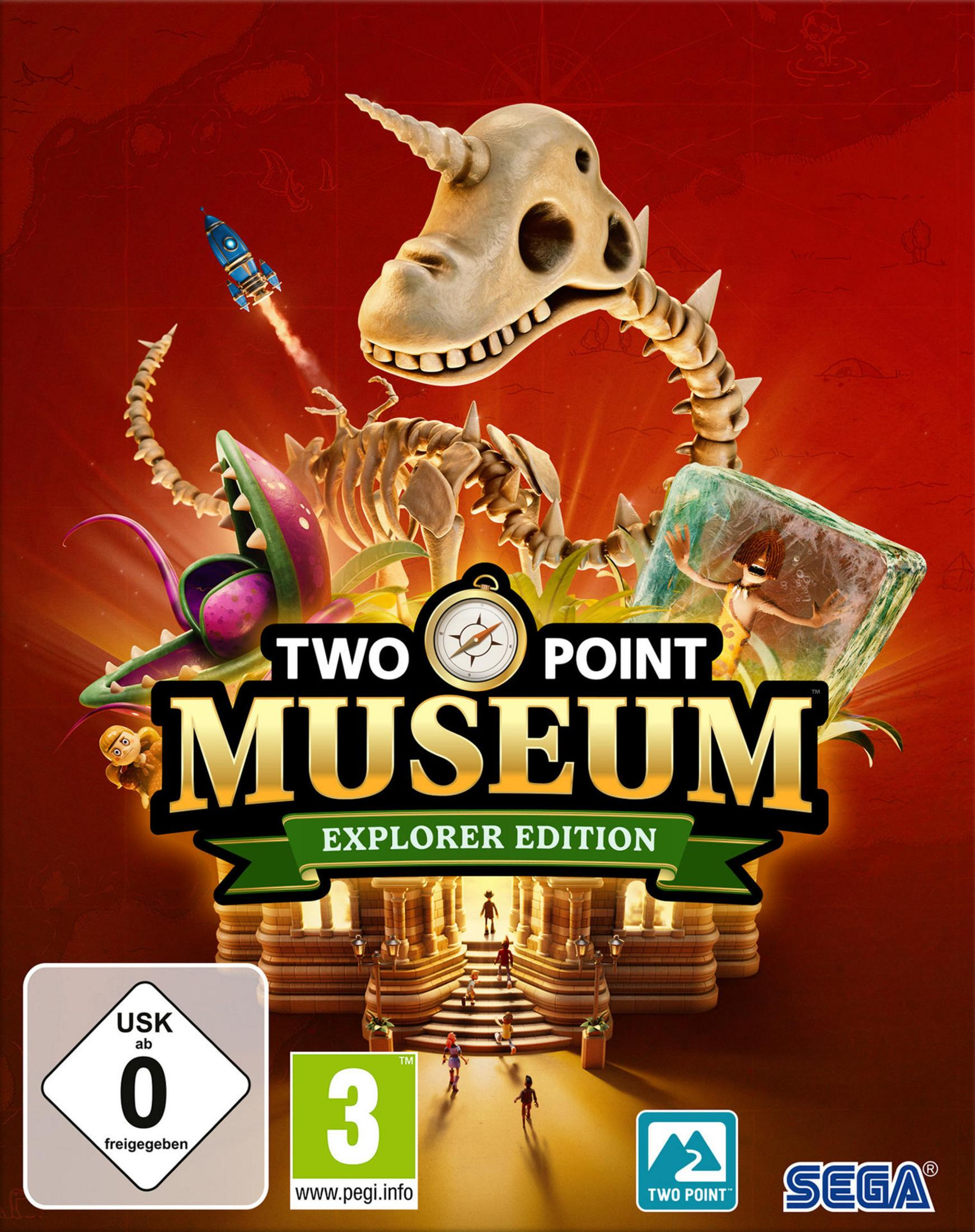 Spielcover: Two Point Museum, mit Dinosaurierskelett und Rakete.
