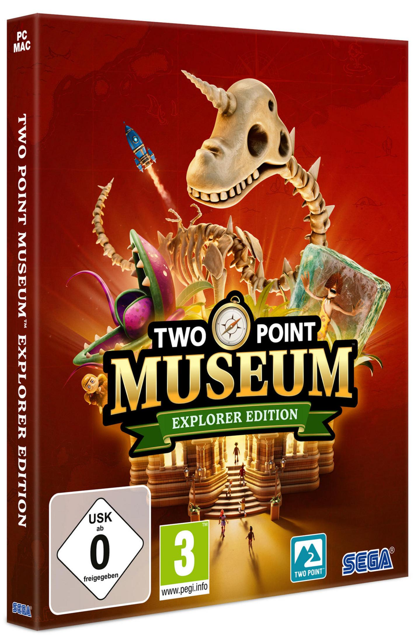 Spielbox für „Two Point Museum“ mit Dinosaurierskelett, Rakete und Museumsdarstellung.